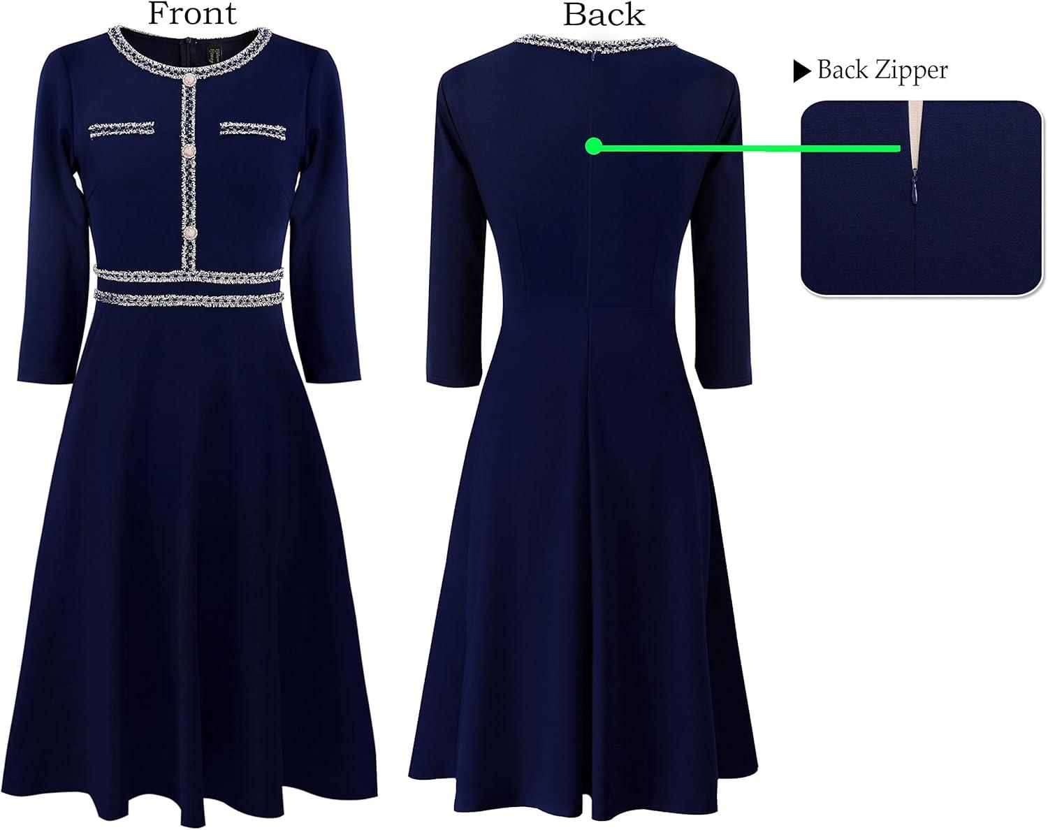 imageVFSHOW Womens Buttons Pockets Office Business ALine Dresses 34 Sleeves Work Crew Neck Tweed Trim Fit and Flare Swing DressNavy Blue