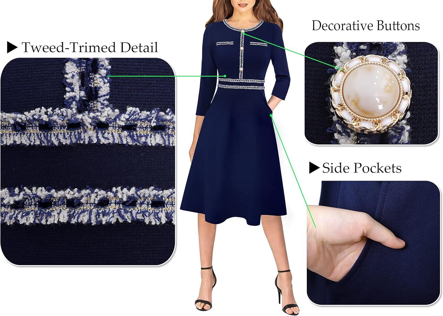 imageVFSHOW Womens Buttons Pockets Office Business ALine Dresses 34 Sleeves Work Crew Neck Tweed Trim Fit and Flare Swing DressNavy Blue