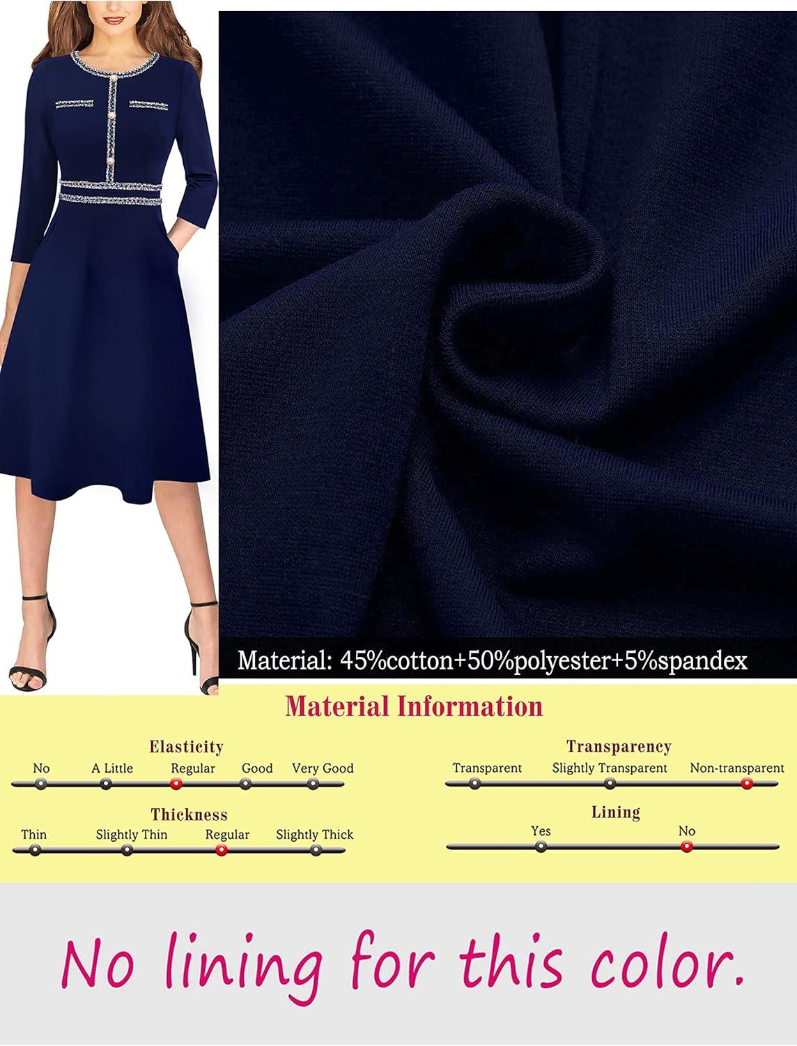 imageVFSHOW Womens Buttons Pockets Office Business ALine Dresses 34 Sleeves Work Crew Neck Tweed Trim Fit and Flare Swing DressNavy Blue
