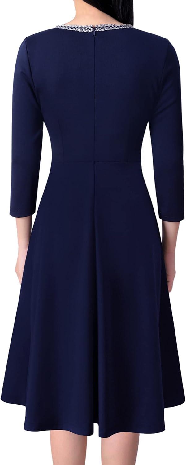 imageVFSHOW Womens Buttons Pockets Office Business ALine Dresses 34 Sleeves Work Crew Neck Tweed Trim Fit and Flare Swing DressNavy Blue