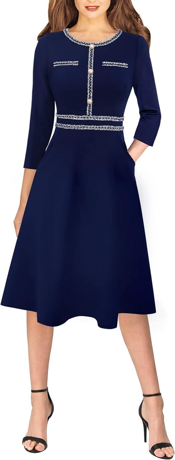 imageVFSHOW Womens Buttons Pockets Office Business ALine Dresses 34 Sleeves Work Crew Neck Tweed Trim Fit and Flare Swing DressNavy Blue