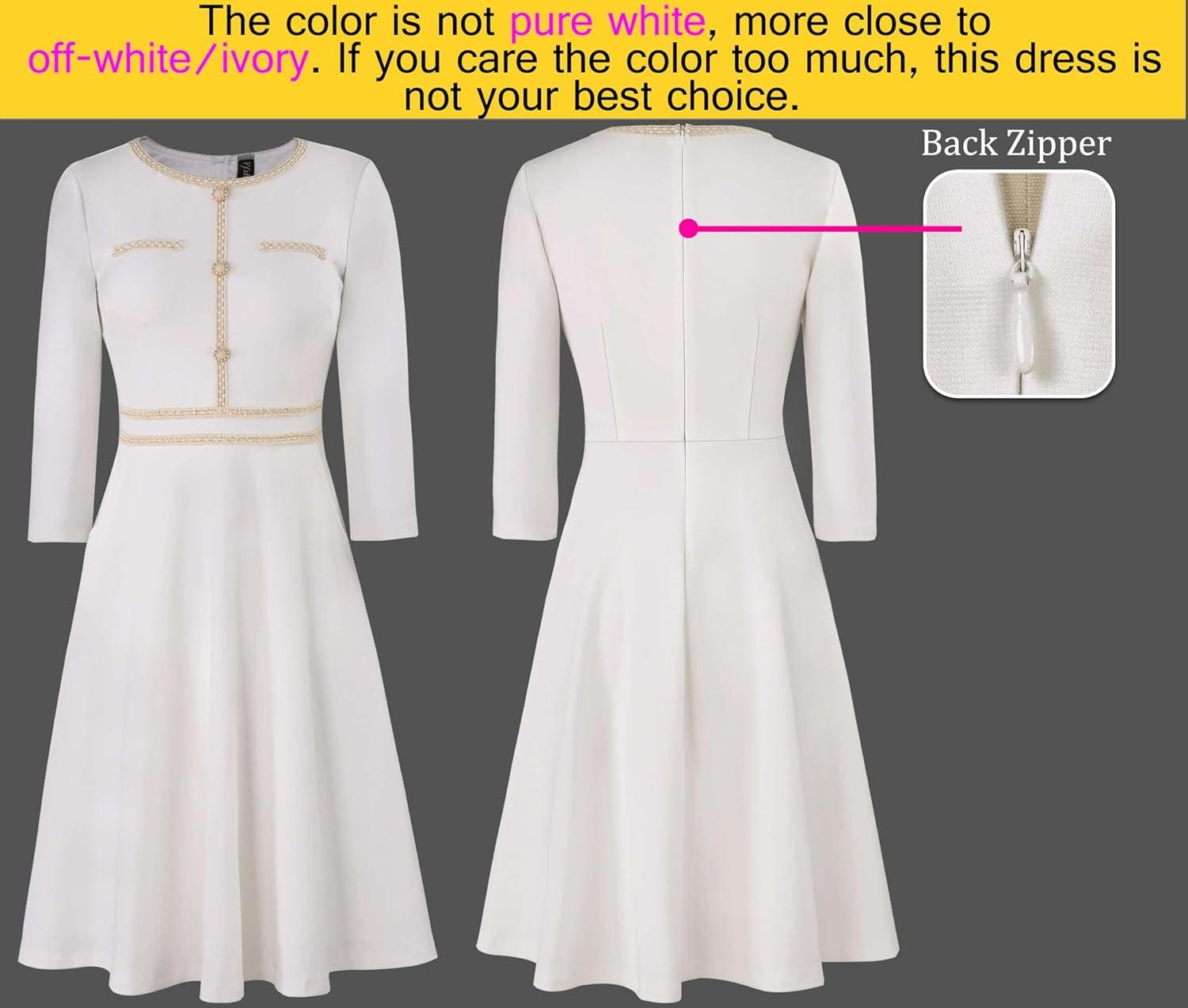 imageVFSHOW Womens Buttons Pockets Office Business ALine Dresses 34 Sleeves Work Crew Neck Tweed Trim Fit and Flare Swing DressOffwhite