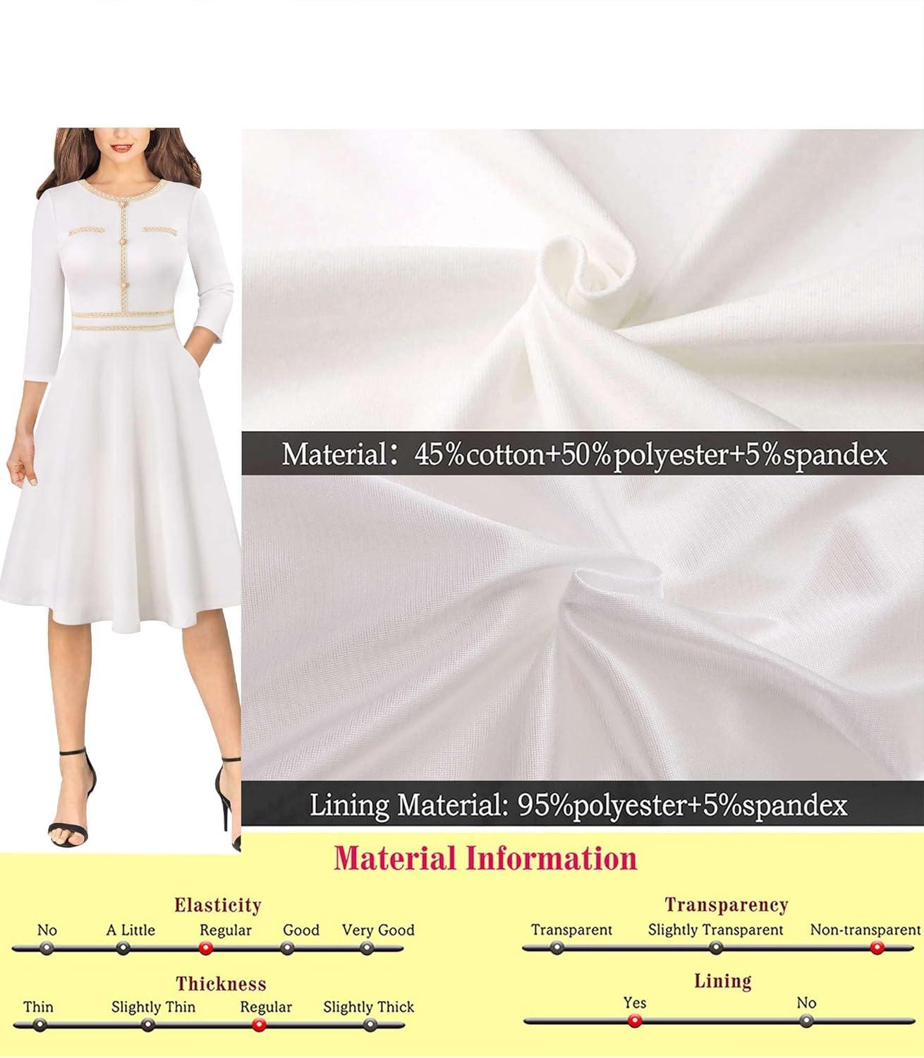 imageVFSHOW Womens Buttons Pockets Office Business ALine Dresses 34 Sleeves Work Crew Neck Tweed Trim Fit and Flare Swing DressOffwhite