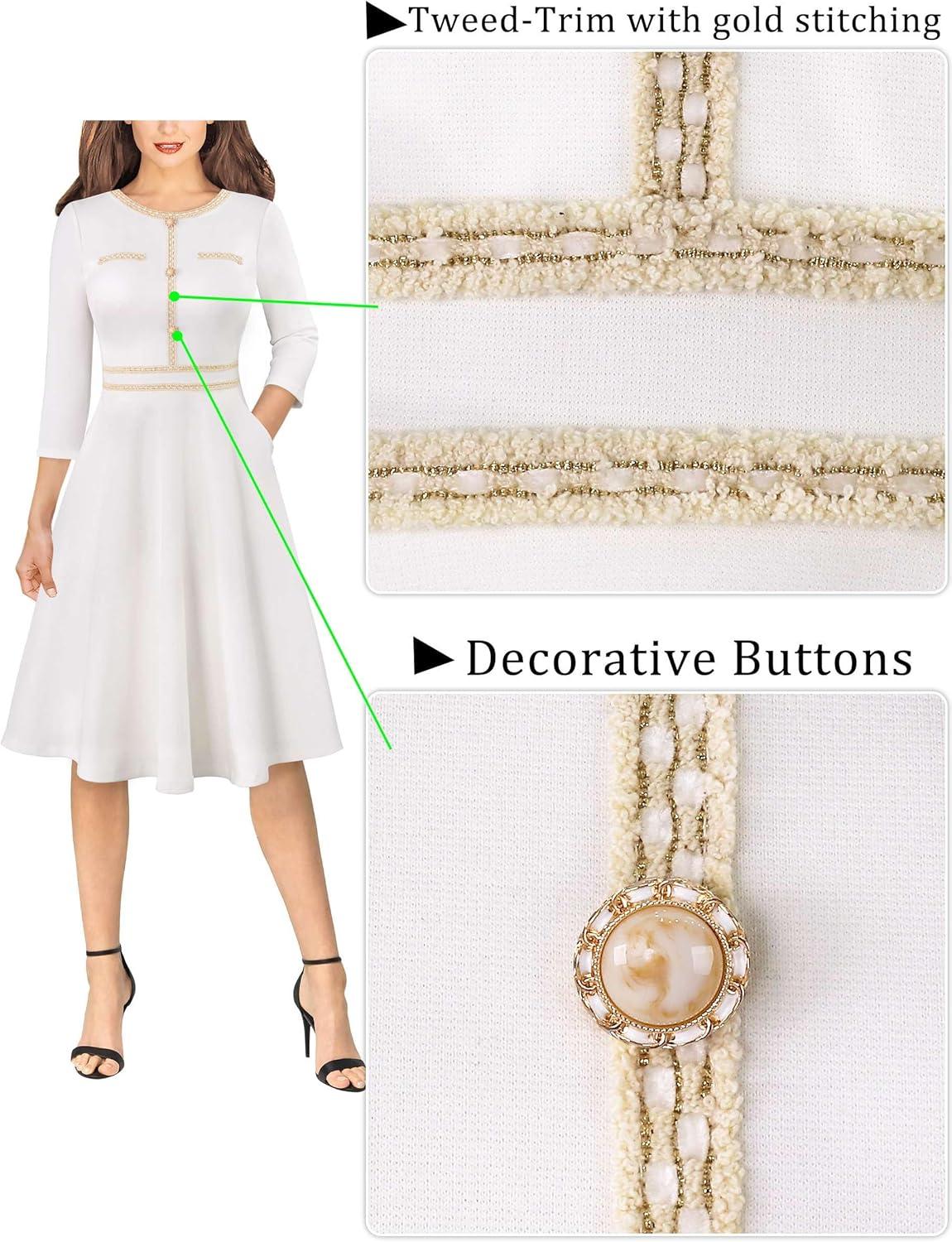 imageVFSHOW Womens Buttons Pockets Office Business ALine Dresses 34 Sleeves Work Crew Neck Tweed Trim Fit and Flare Swing DressOffwhite