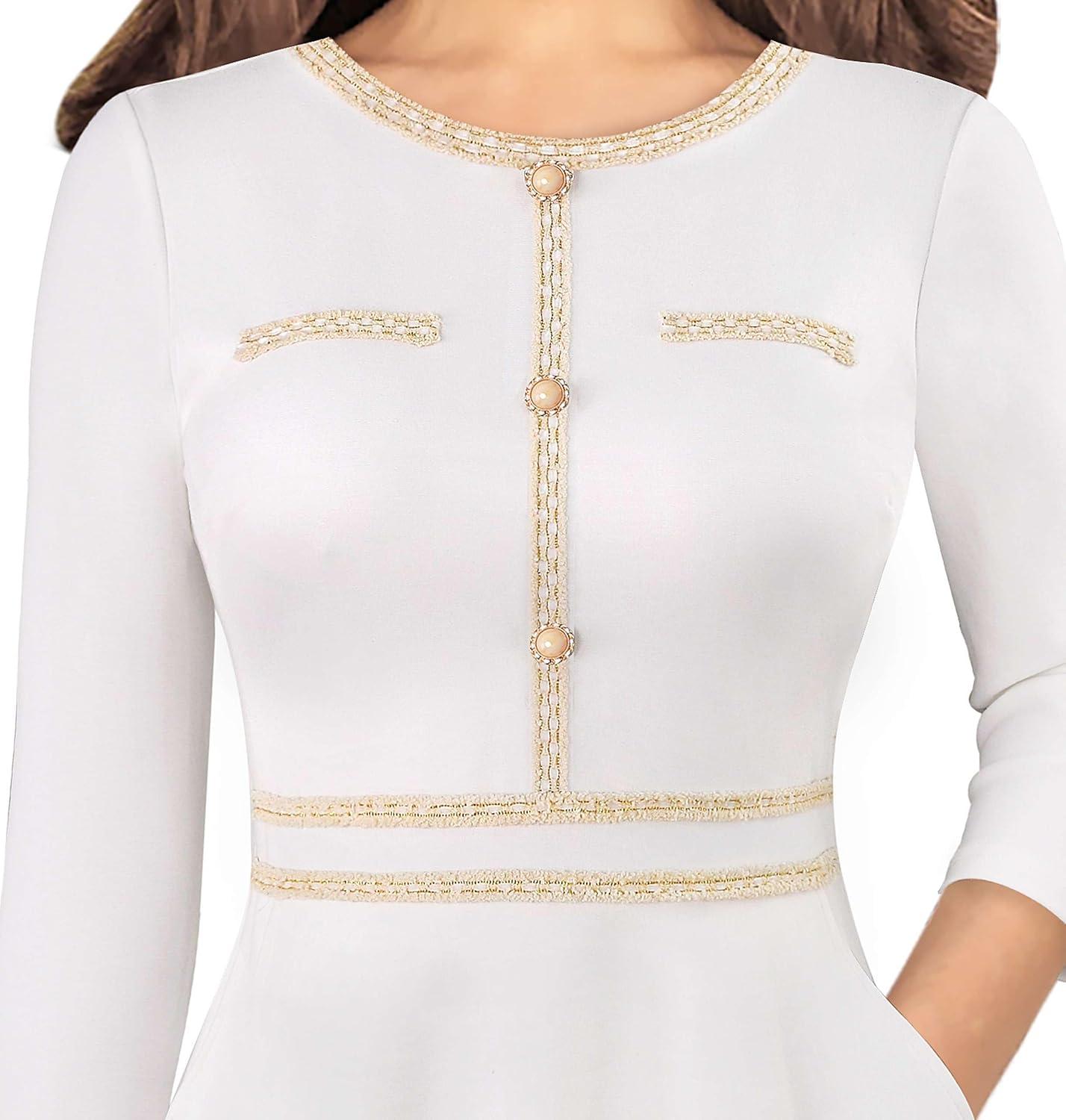 imageVFSHOW Womens Buttons Pockets Office Business ALine Dresses 34 Sleeves Work Crew Neck Tweed Trim Fit and Flare Swing DressOffwhite