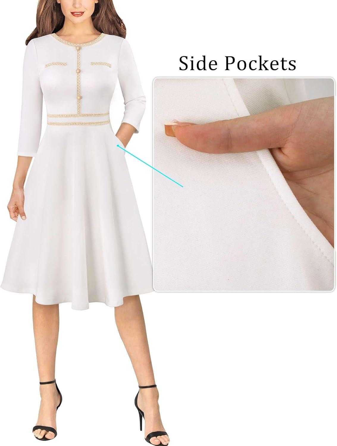 imageVFSHOW Womens Buttons Pockets Office Business ALine Dresses 34 Sleeves Work Crew Neck Tweed Trim Fit and Flare Swing DressOffwhite