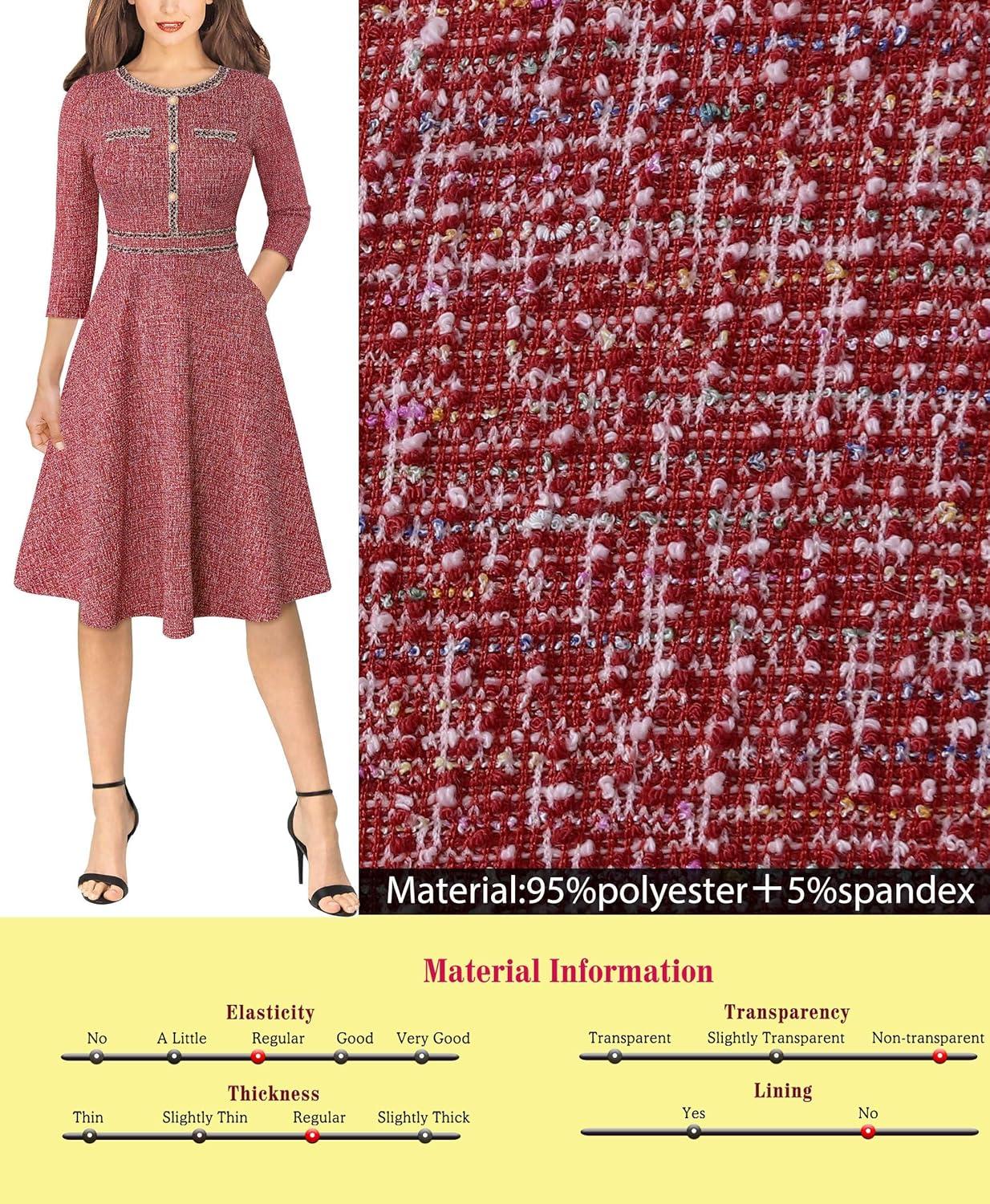 imageVFSHOW Womens Buttons Pockets Office Business ALine Dresses 34 Sleeves Work Crew Neck Tweed Trim Fit and Flare Swing DressRed Tweed