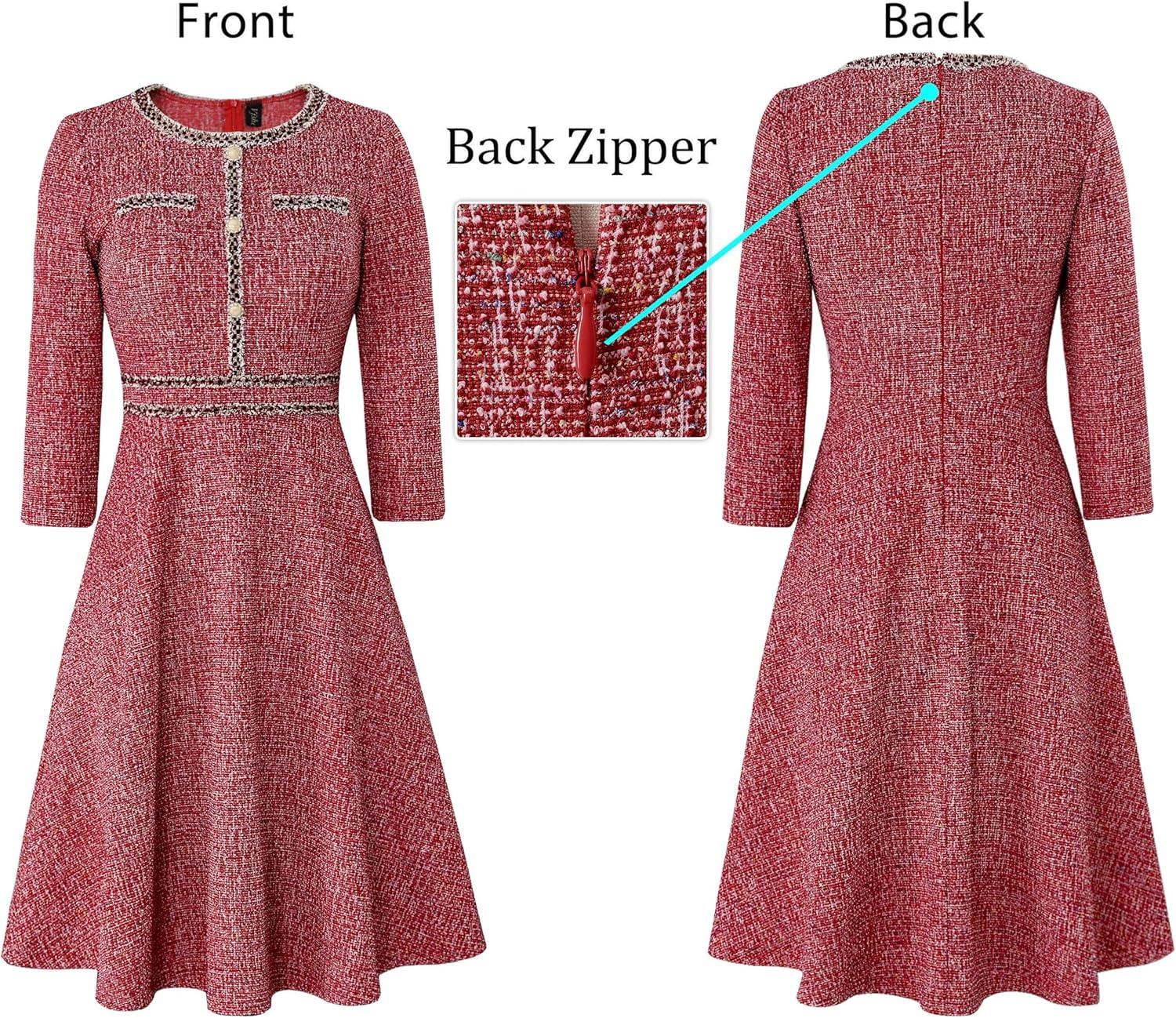 imageVFSHOW Womens Buttons Pockets Office Business ALine Dresses 34 Sleeves Work Crew Neck Tweed Trim Fit and Flare Swing DressRed Tweed