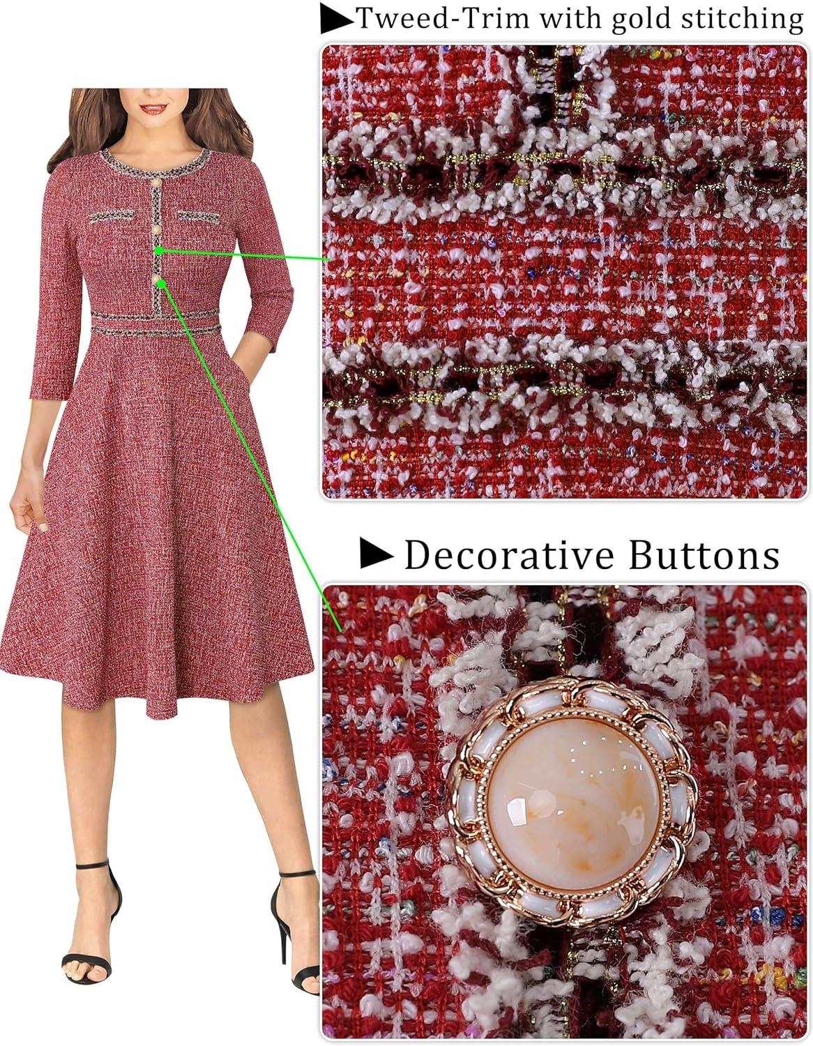 imageVFSHOW Womens Buttons Pockets Office Business ALine Dresses 34 Sleeves Work Crew Neck Tweed Trim Fit and Flare Swing DressRed Tweed