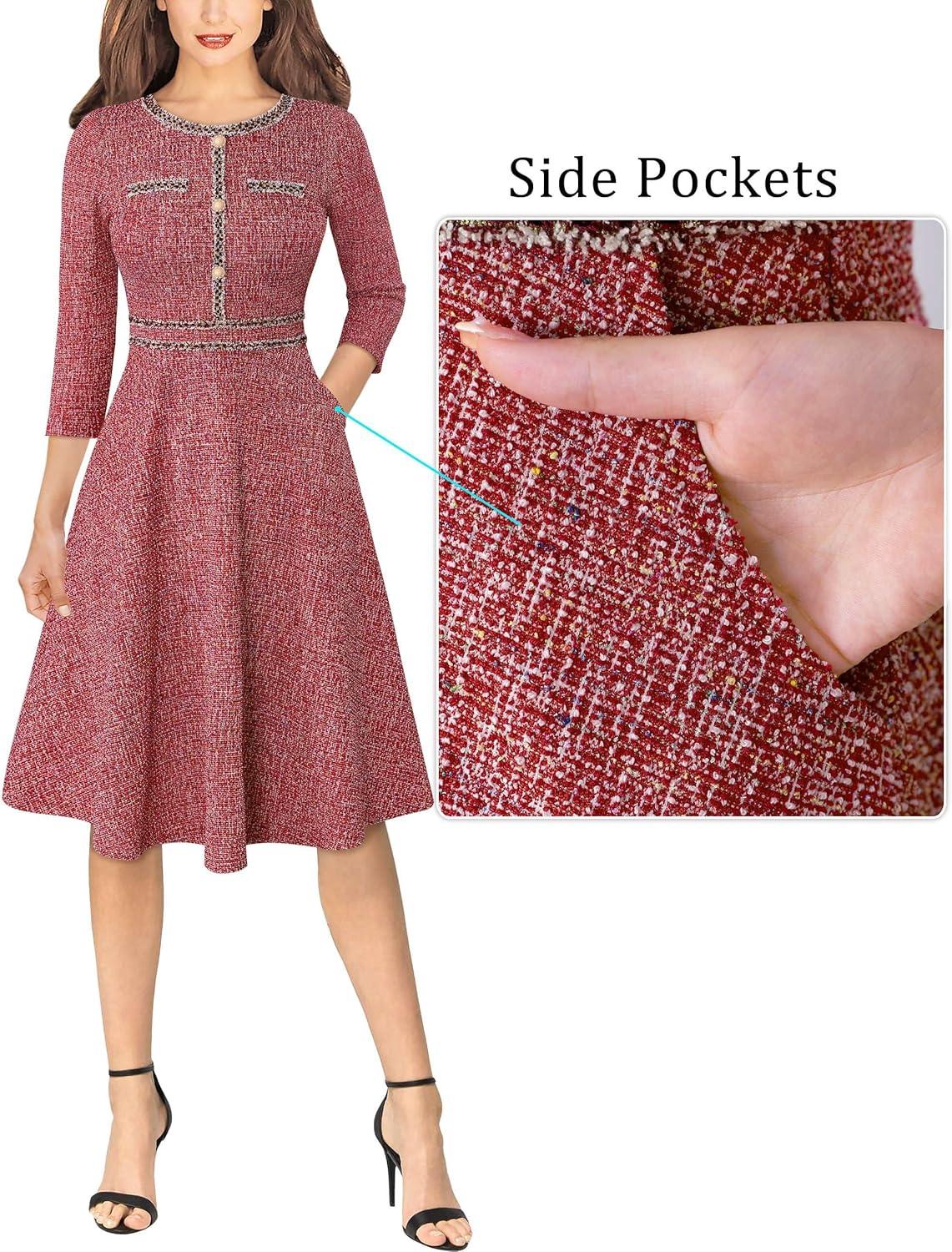 imageVFSHOW Womens Buttons Pockets Office Business ALine Dresses 34 Sleeves Work Crew Neck Tweed Trim Fit and Flare Swing DressRed Tweed