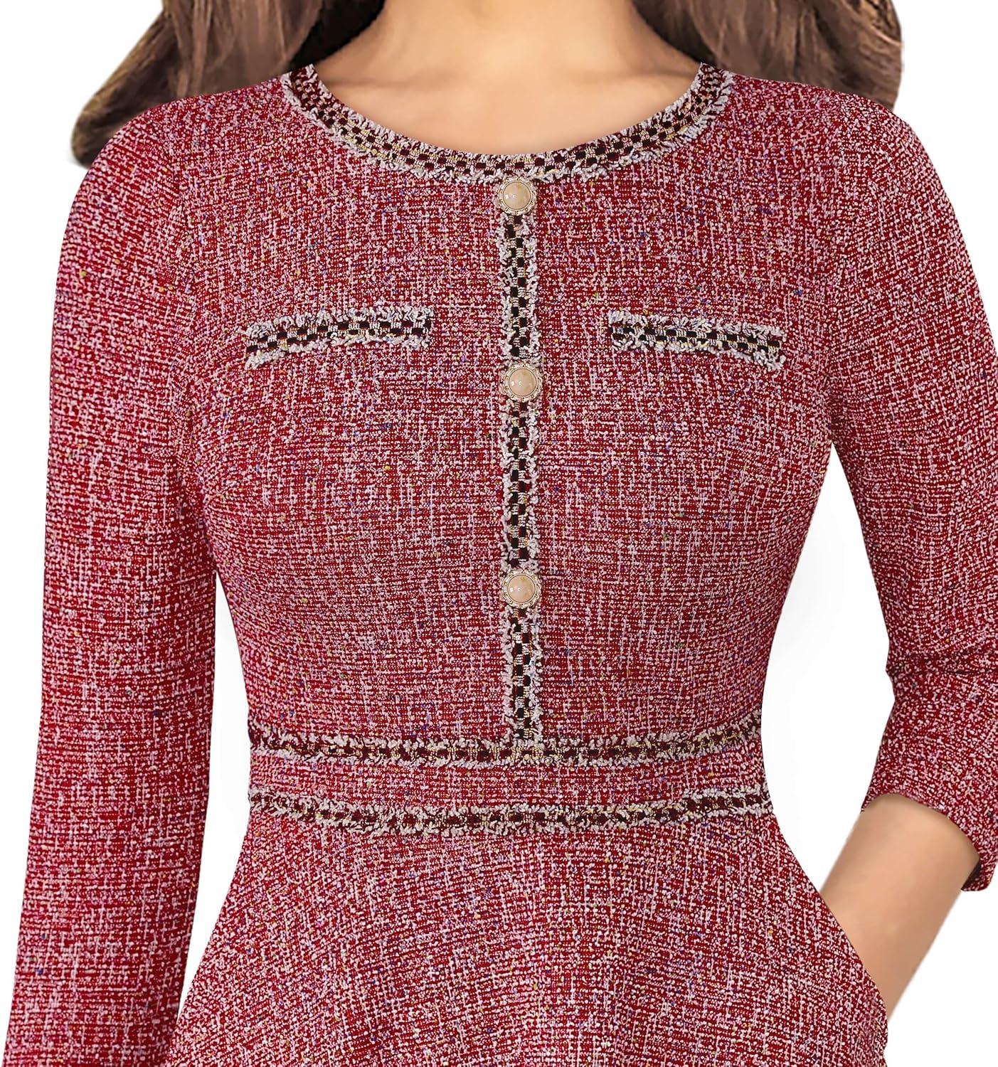 imageVFSHOW Womens Buttons Pockets Office Business ALine Dresses 34 Sleeves Work Crew Neck Tweed Trim Fit and Flare Swing DressRed Tweed