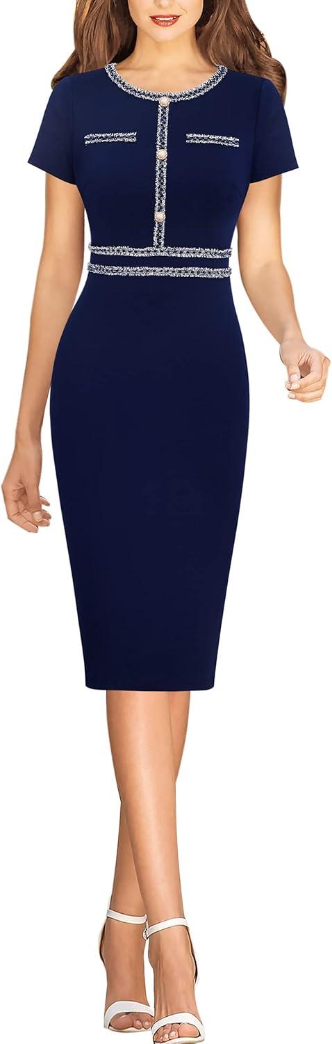imageVFSHOW Womens Crew Neck Button Business Work Office Bodycon Dress Short Sleeve Patchwork Tweed Trim Party Pencil Sheath DressBlue