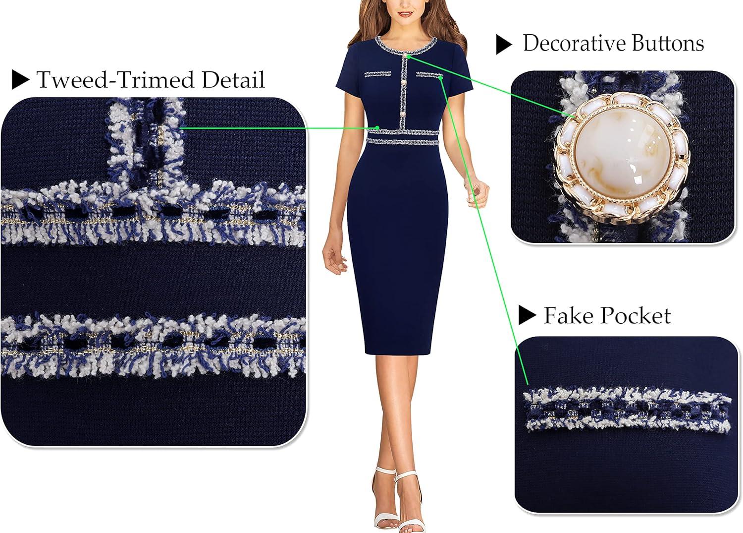 imageVFSHOW Womens Crew Neck Button Business Work Office Bodycon Dress Short Sleeve Patchwork Tweed Trim Party Pencil Sheath DressBlue