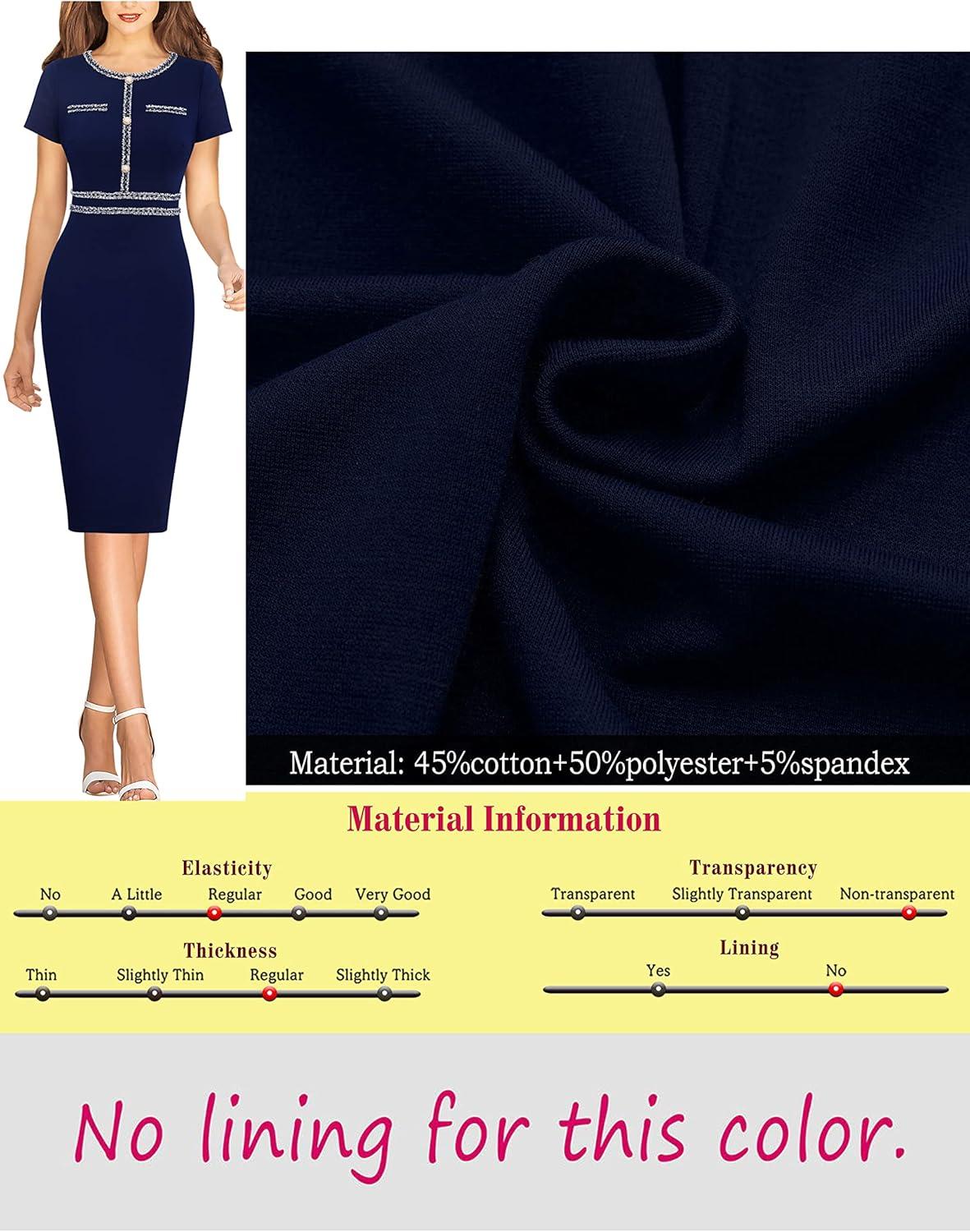 imageVFSHOW Womens Crew Neck Button Business Work Office Bodycon Dress Short Sleeve Patchwork Tweed Trim Party Pencil Sheath DressBlue
