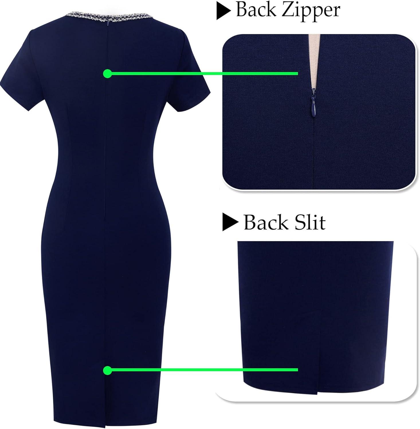 imageVFSHOW Womens Crew Neck Button Business Work Office Bodycon Dress Short Sleeve Patchwork Tweed Trim Party Pencil Sheath DressBlue