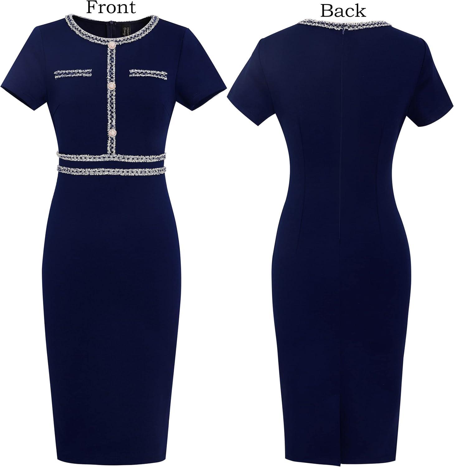 imageVFSHOW Womens Crew Neck Button Business Work Office Bodycon Dress Short Sleeve Patchwork Tweed Trim Party Pencil Sheath DressBlue