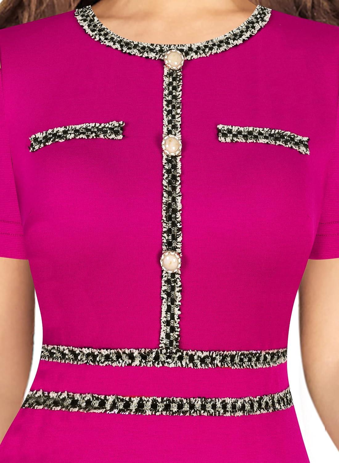 imageVFSHOW Womens Crew Neck Button Business Work Office Bodycon Dress Short Sleeve Patchwork Tweed Trim Party Pencil Sheath DressHot Pink