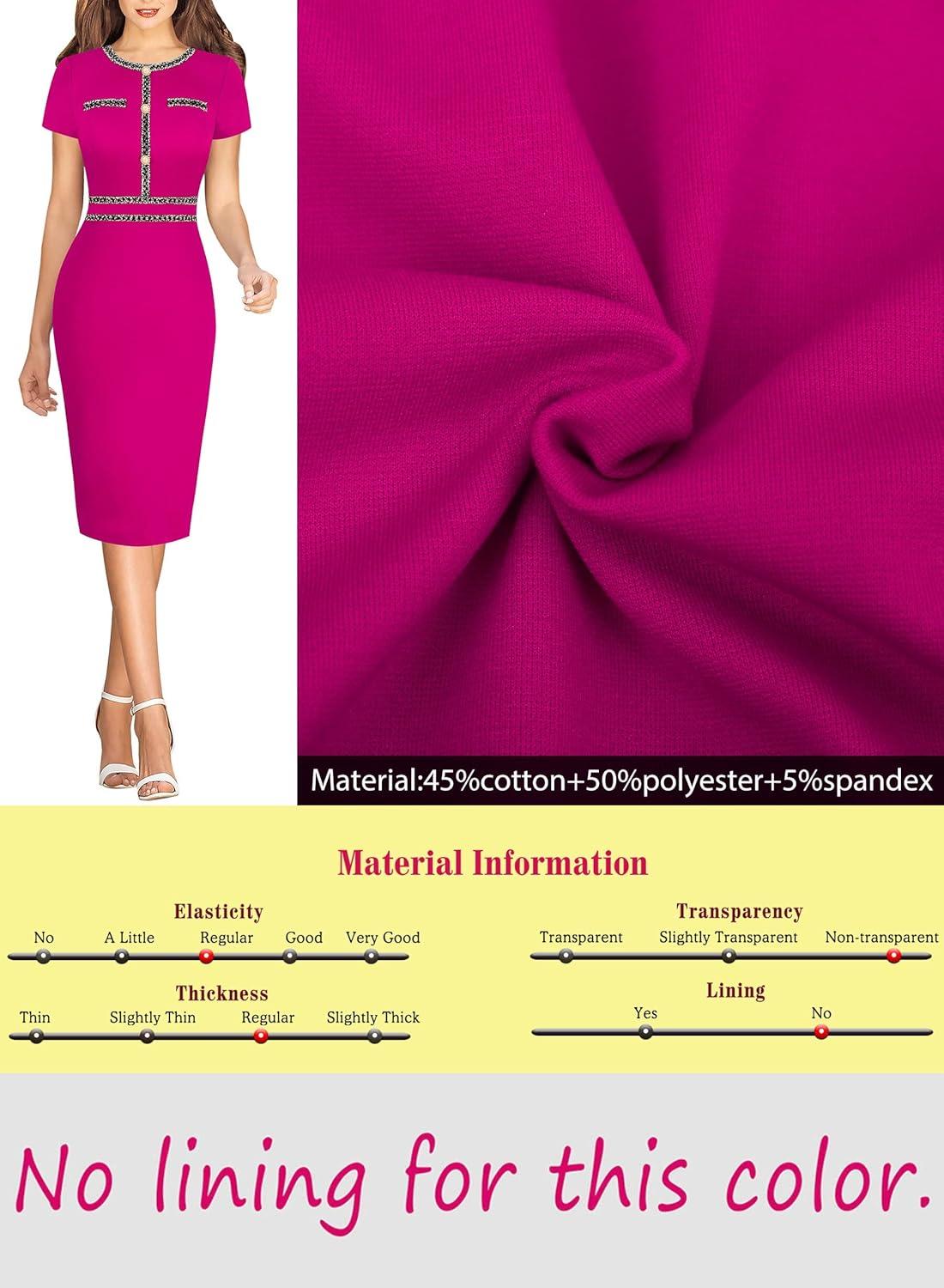 imageVFSHOW Womens Crew Neck Button Business Work Office Bodycon Dress Short Sleeve Patchwork Tweed Trim Party Pencil Sheath DressHot Pink