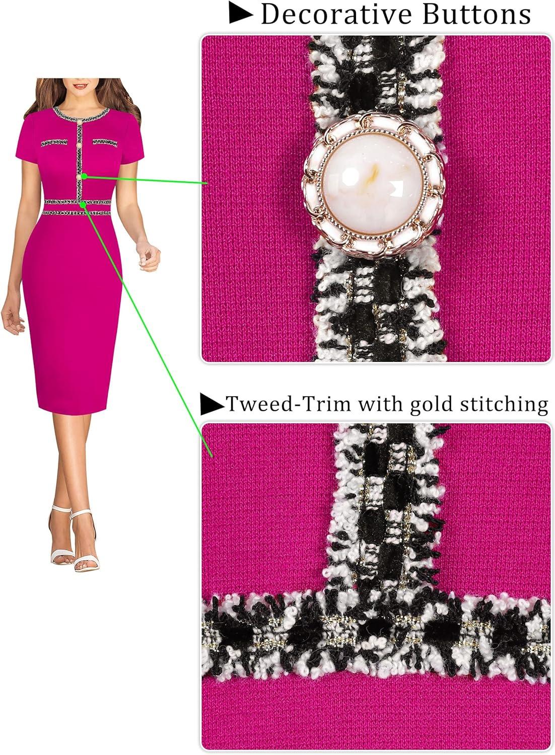 imageVFSHOW Womens Crew Neck Button Business Work Office Bodycon Dress Short Sleeve Patchwork Tweed Trim Party Pencil Sheath DressHot Pink