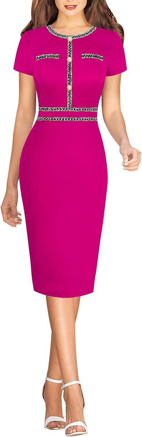 imageVFSHOW Womens Crew Neck Button Business Work Office Bodycon Dress Short Sleeve Patchwork Tweed Trim Party Pencil Sheath DressHot Pink