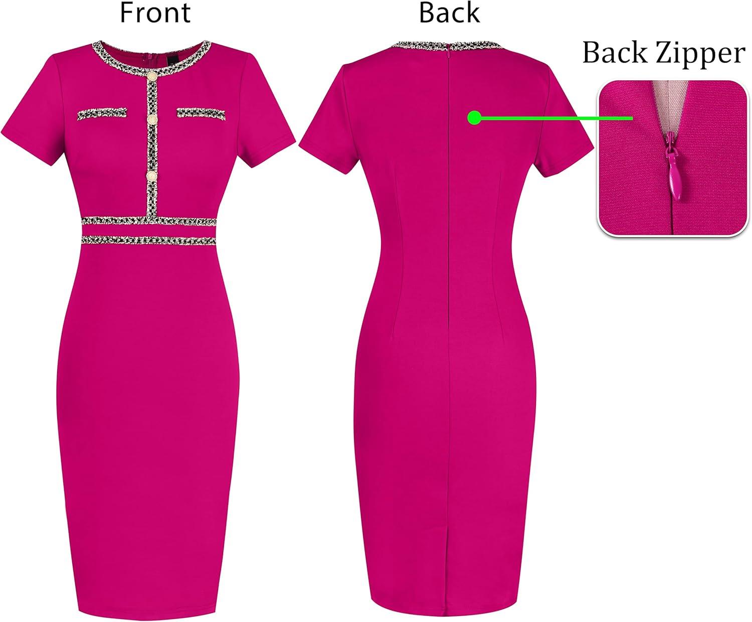 imageVFSHOW Womens Crew Neck Button Business Work Office Bodycon Dress Short Sleeve Patchwork Tweed Trim Party Pencil Sheath DressHot Pink