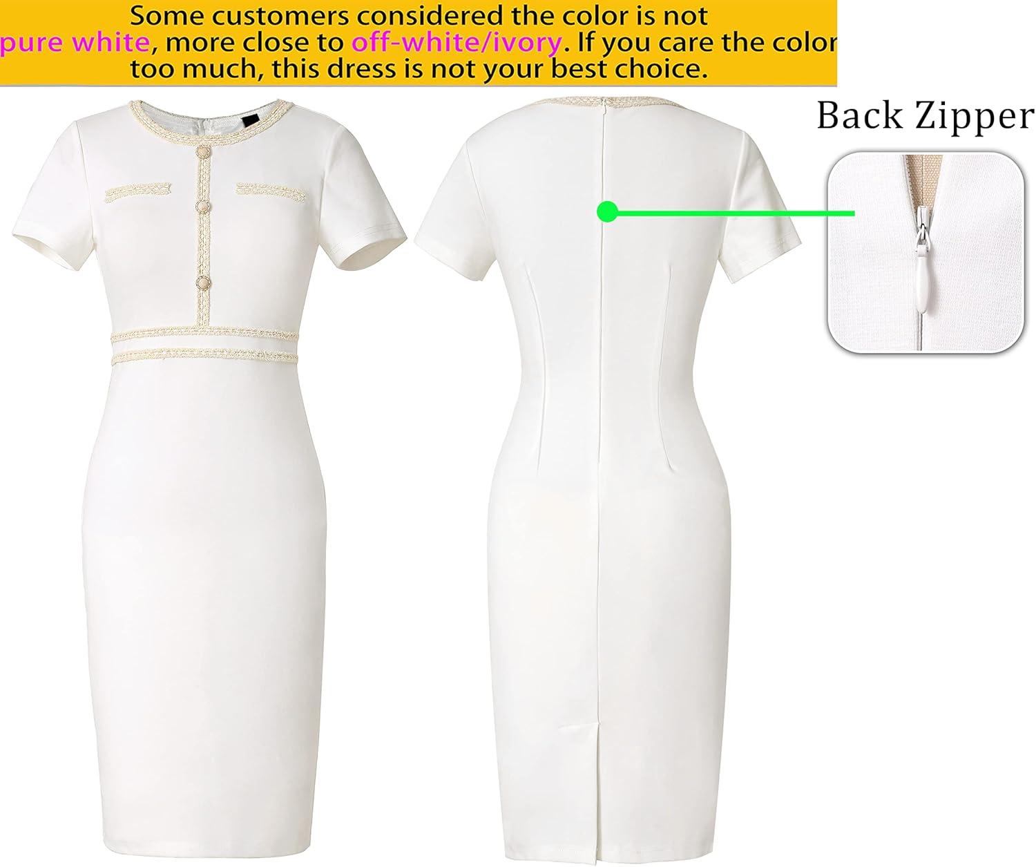 imageVFSHOW Womens Crew Neck Button Business Work Office Bodycon Dress Short Sleeve Patchwork Tweed Trim Party Pencil Sheath DressOffwhite
