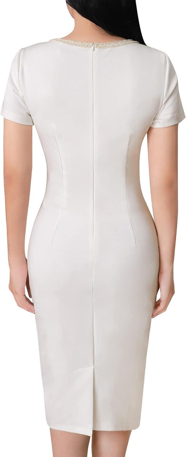 imageVFSHOW Womens Crew Neck Button Business Work Office Bodycon Dress Short Sleeve Patchwork Tweed Trim Party Pencil Sheath DressOffwhite