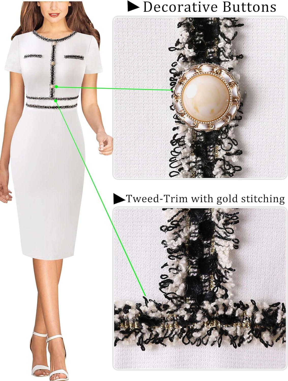 imageVFSHOW Womens Crew Neck Button Business Work Office Bodycon Dress Short Sleeve Patchwork Tweed Trim Party Pencil Sheath DressOffwhite With Black Tweed Trim