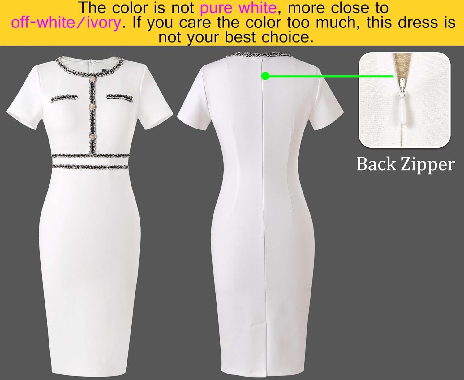 imageVFSHOW Womens Crew Neck Button Business Work Office Bodycon Dress Short Sleeve Patchwork Tweed Trim Party Pencil Sheath DressOffwhite With Black Tweed Trim