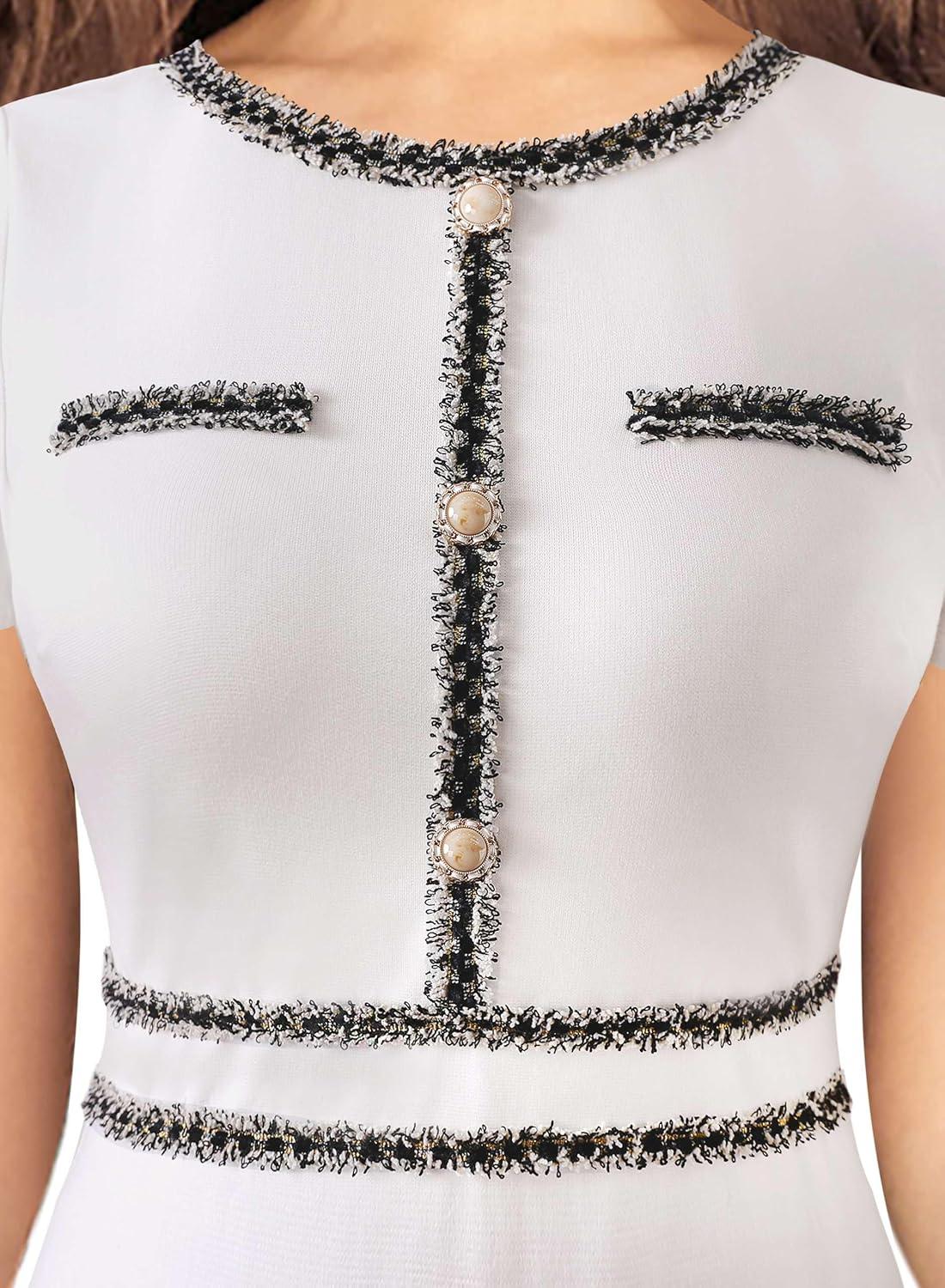 imageVFSHOW Womens Crew Neck Button Business Work Office Bodycon Dress Short Sleeve Patchwork Tweed Trim Party Pencil Sheath DressOffwhite With Black Tweed Trim