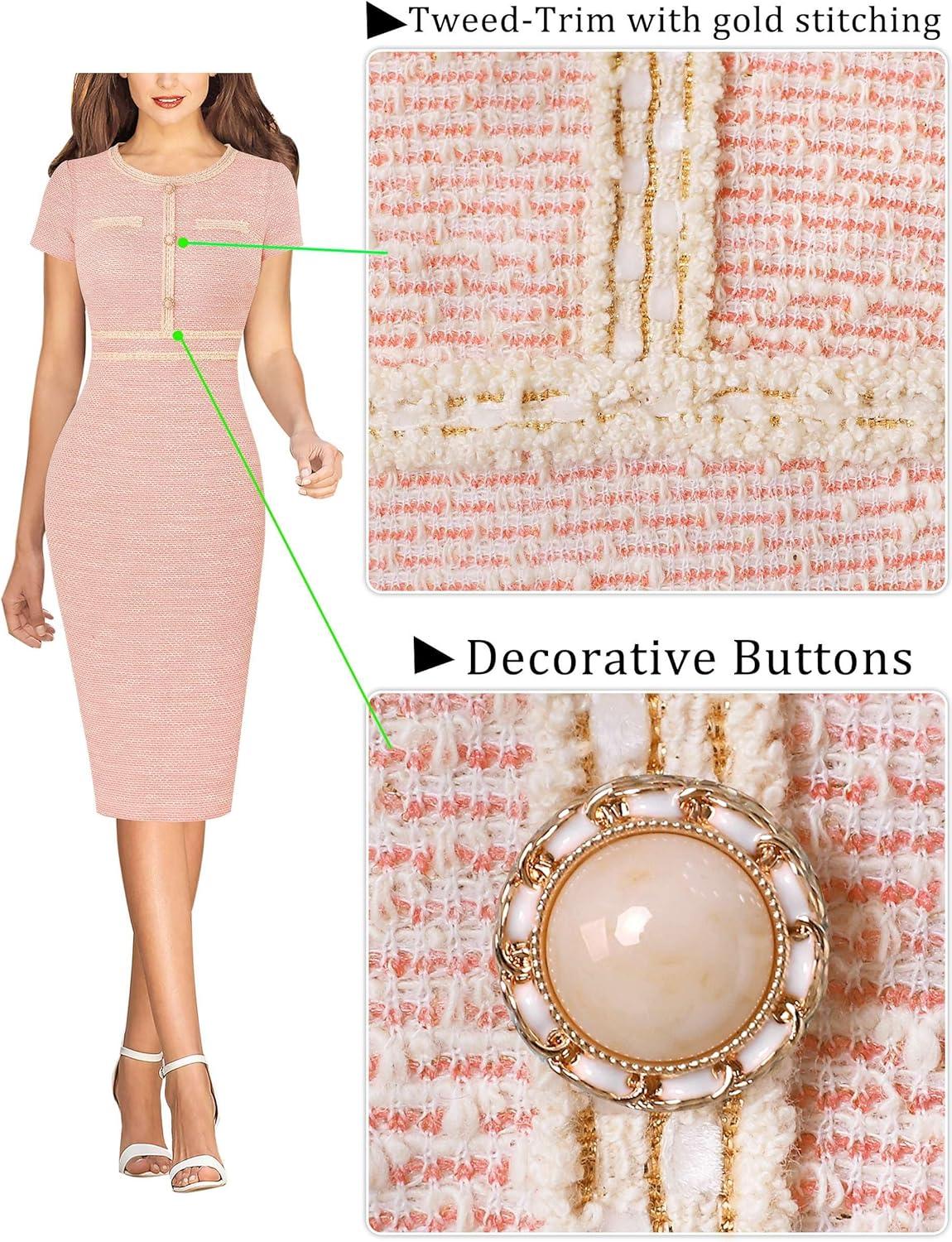 imageVFSHOW Womens Crew Neck Button Business Work Office Bodycon Dress Short Sleeve Patchwork Tweed Trim Party Pencil Sheath DressPink Tweed