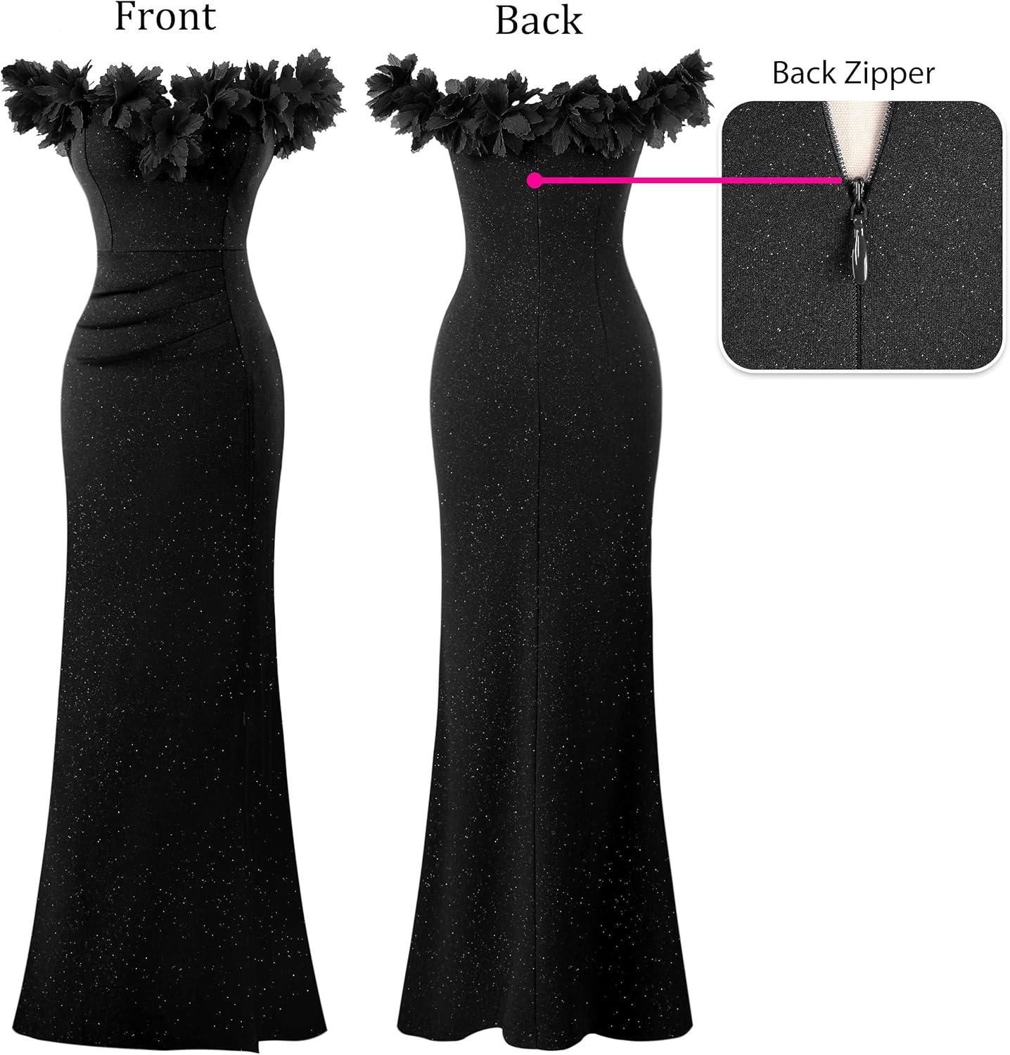 imageVFSHOW Womens Formal Prom Off Shoulder 3D Flowers Ruched Wedding Guest Maxi Dress 2025 Sexy High Slit Cocktail Evening GownSparkly Black