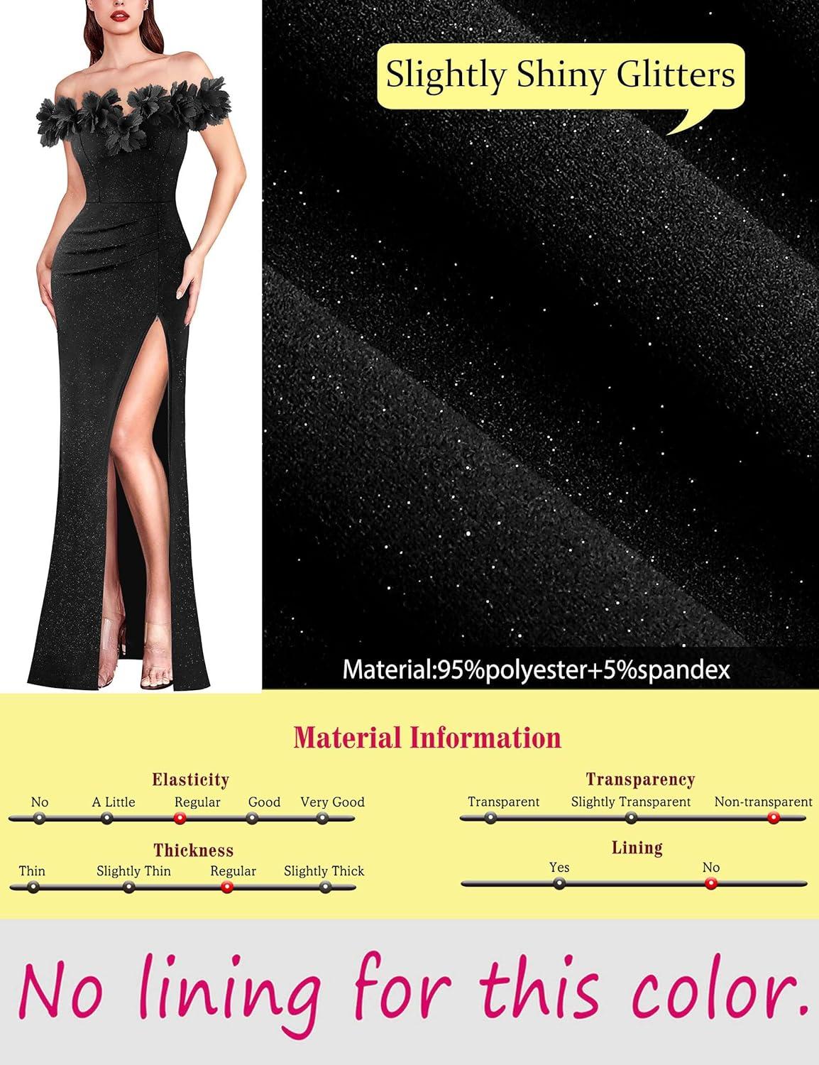 imageVFSHOW Womens Formal Prom Off Shoulder 3D Flowers Ruched Wedding Guest Maxi Dress 2025 Sexy High Slit Cocktail Evening GownSparkly Black
