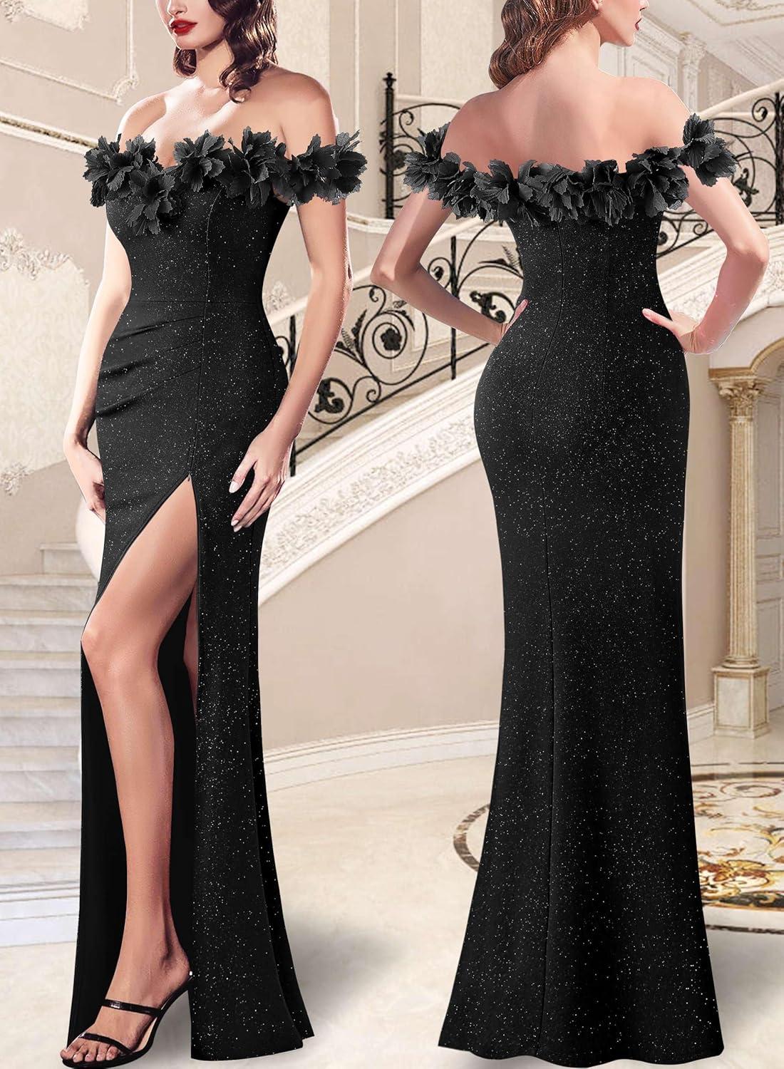 imageVFSHOW Womens Formal Prom Off Shoulder 3D Flowers Ruched Wedding Guest Maxi Dress 2025 Sexy High Slit Cocktail Evening GownSparkly Black