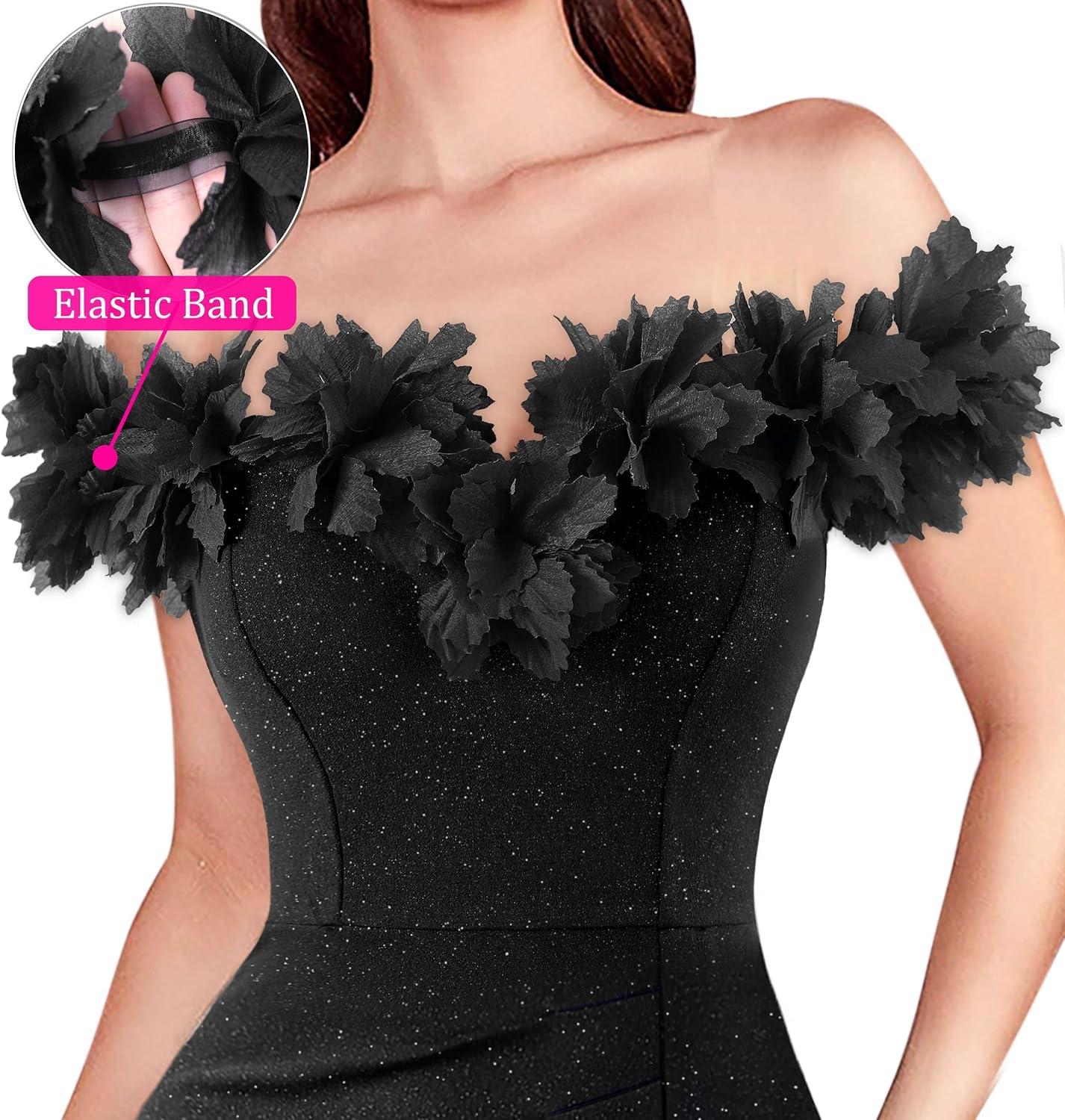 imageVFSHOW Womens Formal Prom Off Shoulder 3D Flowers Ruched Wedding Guest Maxi Dress 2025 Sexy High Slit Cocktail Evening GownSparkly Black