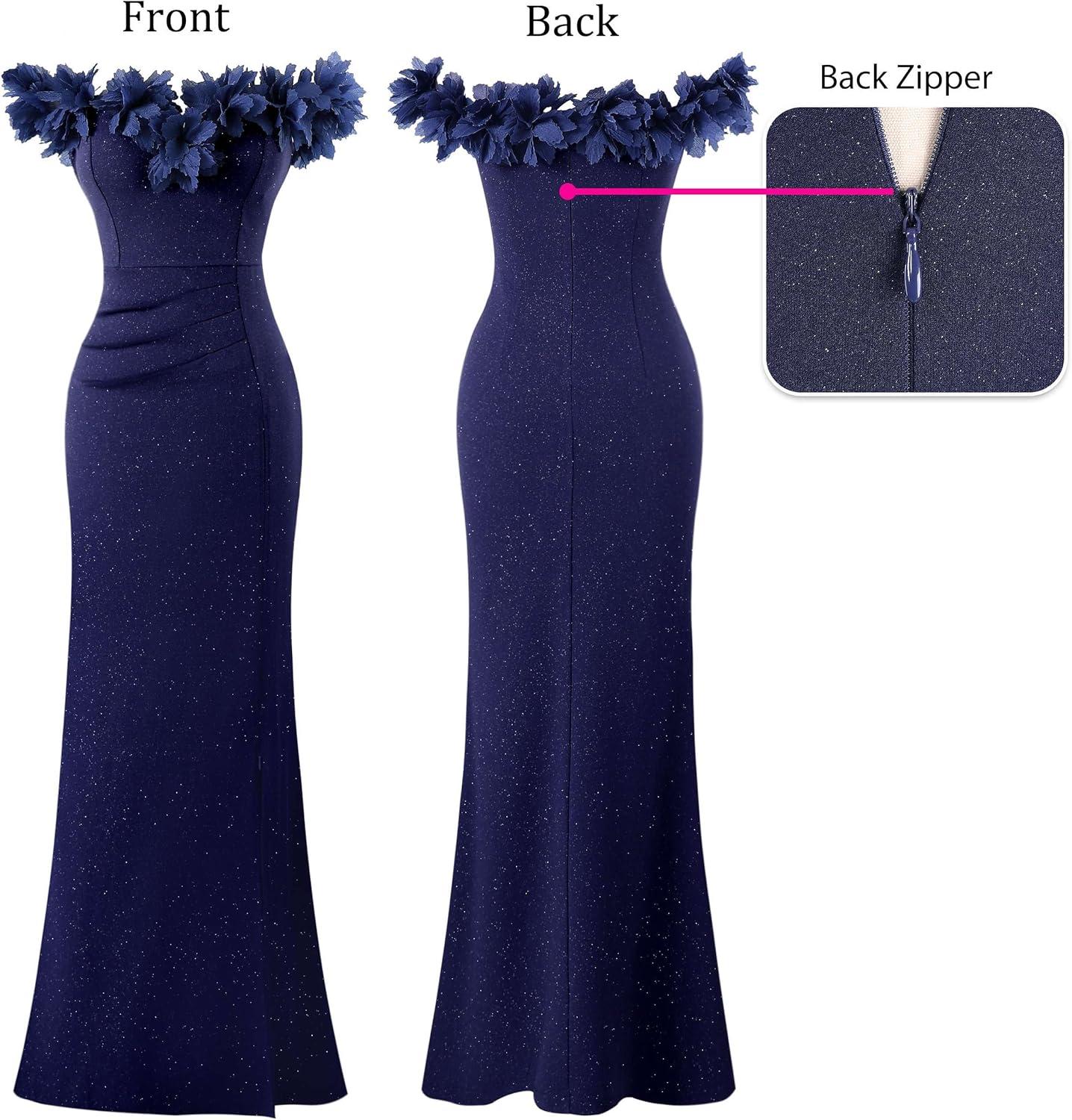 imageVFSHOW Womens Formal Prom Off Shoulder 3D Flowers Ruched Wedding Guest Maxi Dress 2025 Sexy High Slit Cocktail Evening GownSparkly Navy Blue