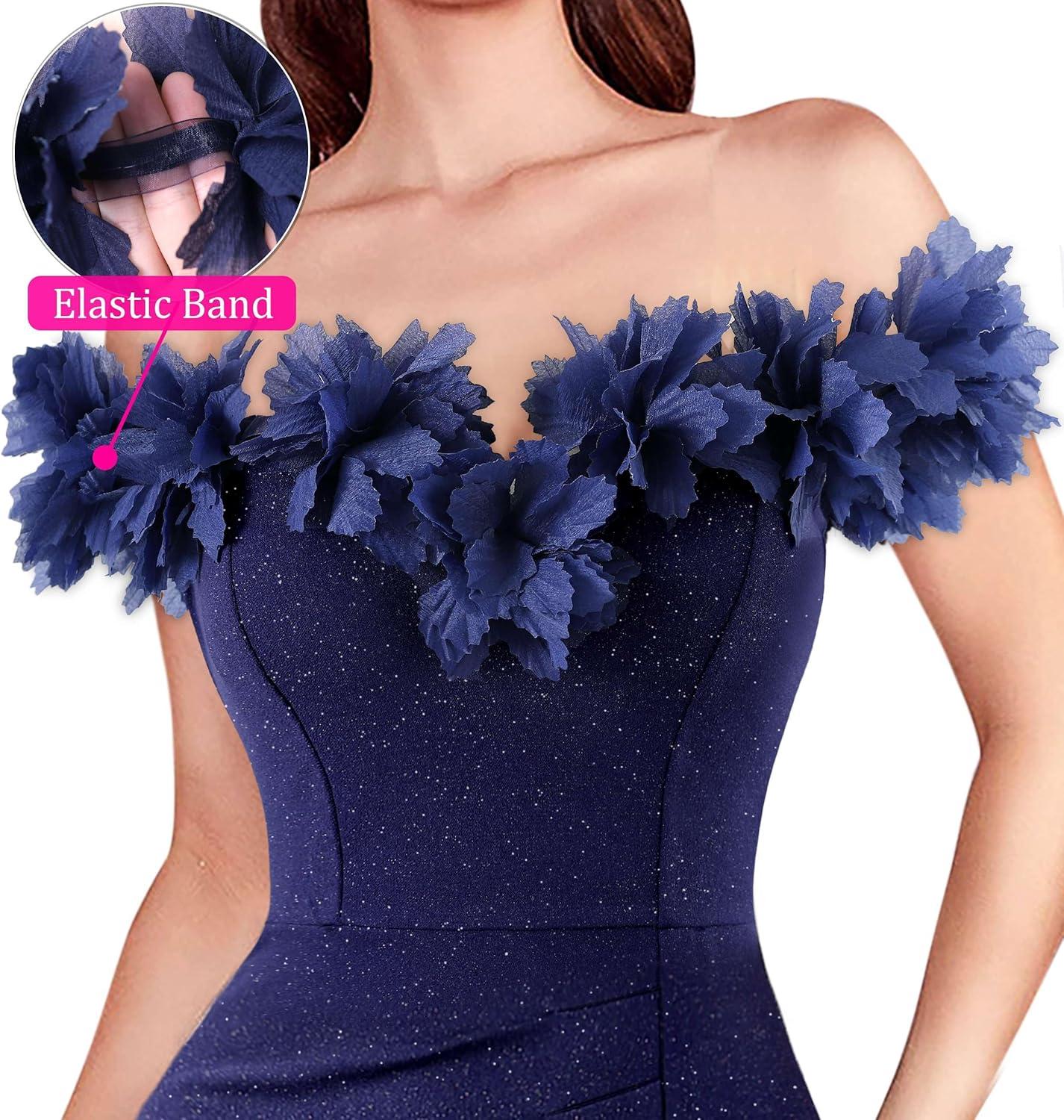 imageVFSHOW Womens Formal Prom Off Shoulder 3D Flowers Ruched Wedding Guest Maxi Dress 2025 Sexy High Slit Cocktail Evening GownSparkly Navy Blue