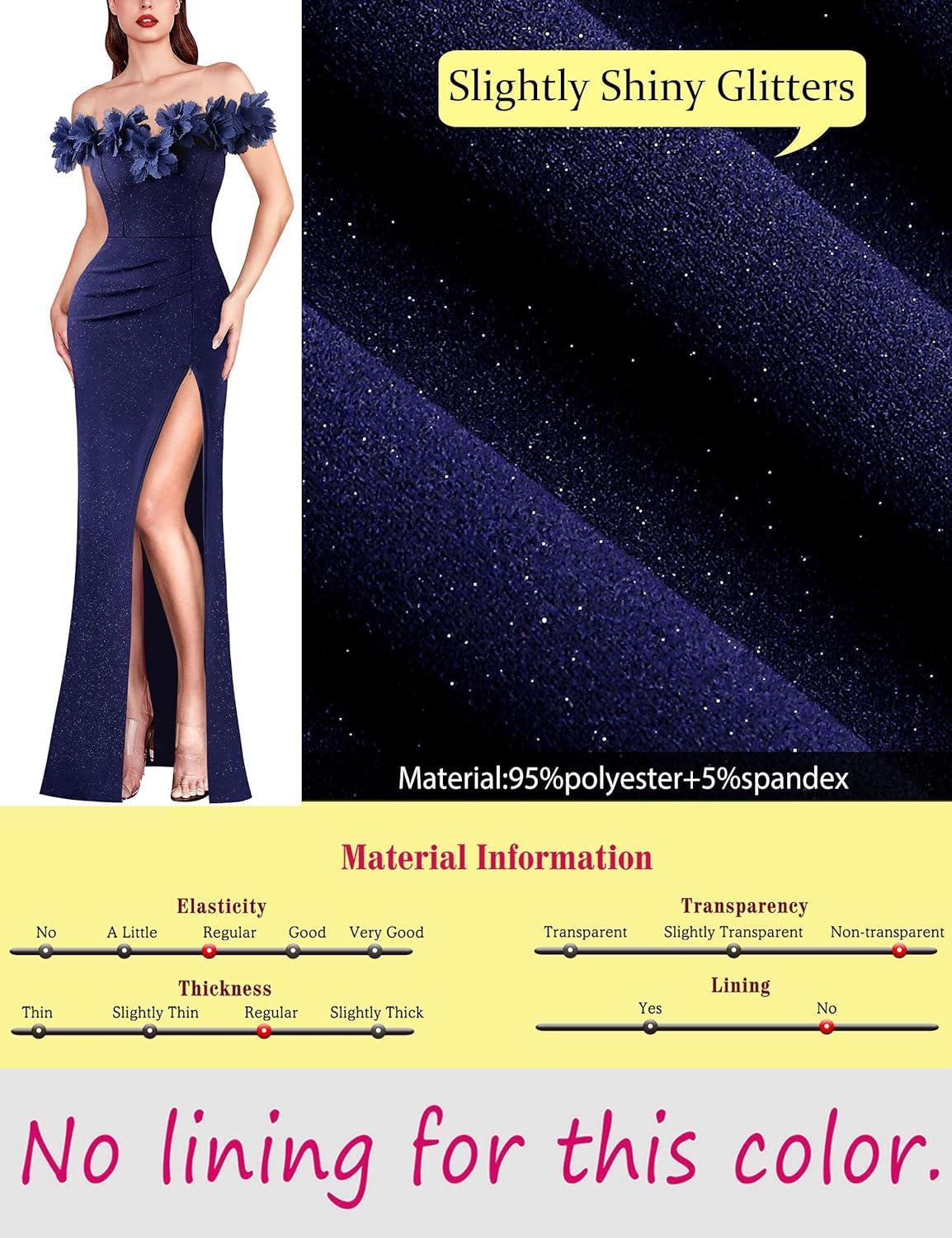 imageVFSHOW Womens Formal Prom Off Shoulder 3D Flowers Ruched Wedding Guest Maxi Dress 2025 Sexy High Slit Cocktail Evening GownSparkly Navy Blue