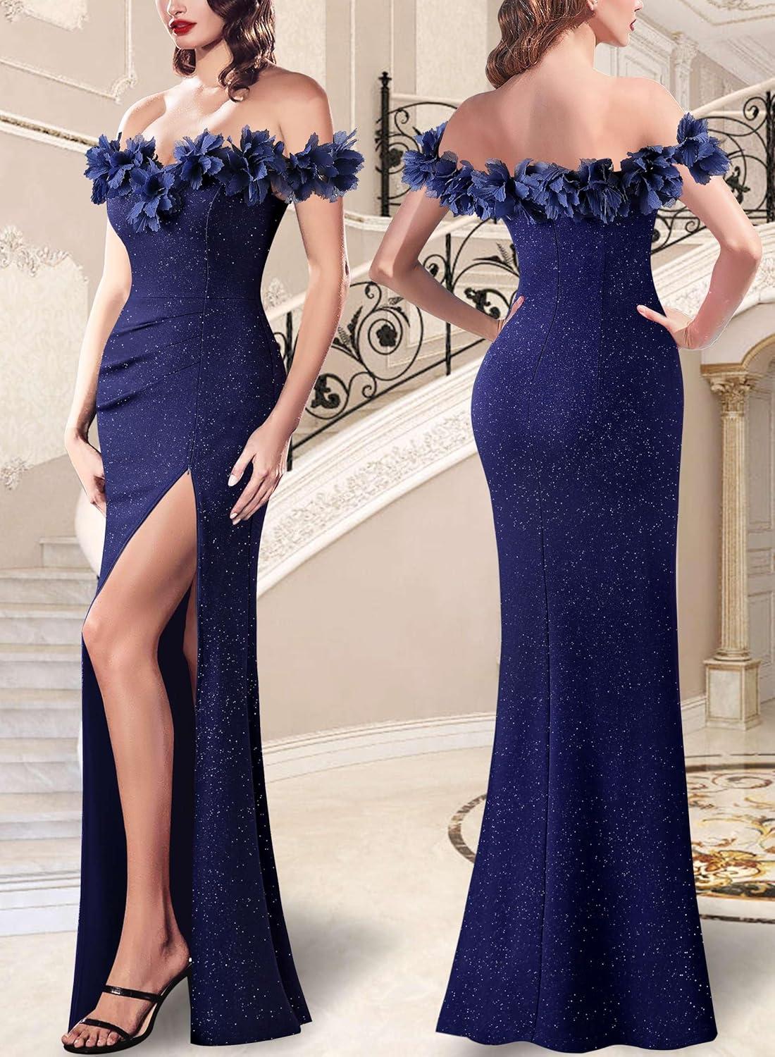 imageVFSHOW Womens Formal Prom Off Shoulder 3D Flowers Ruched Wedding Guest Maxi Dress 2025 Sexy High Slit Cocktail Evening GownSparkly Navy Blue