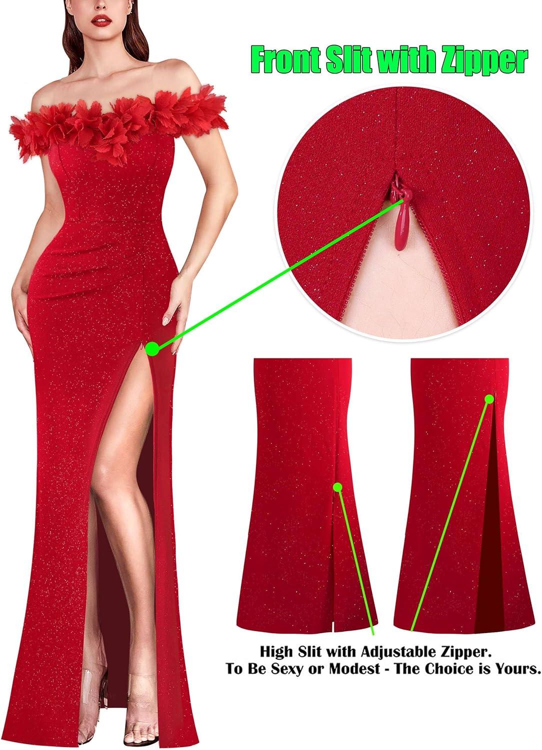 imageVFSHOW Womens Formal Prom Off Shoulder 3D Flowers Ruched Wedding Guest Maxi Dress 2025 Sexy High Slit Cocktail Evening GownSparkly Red