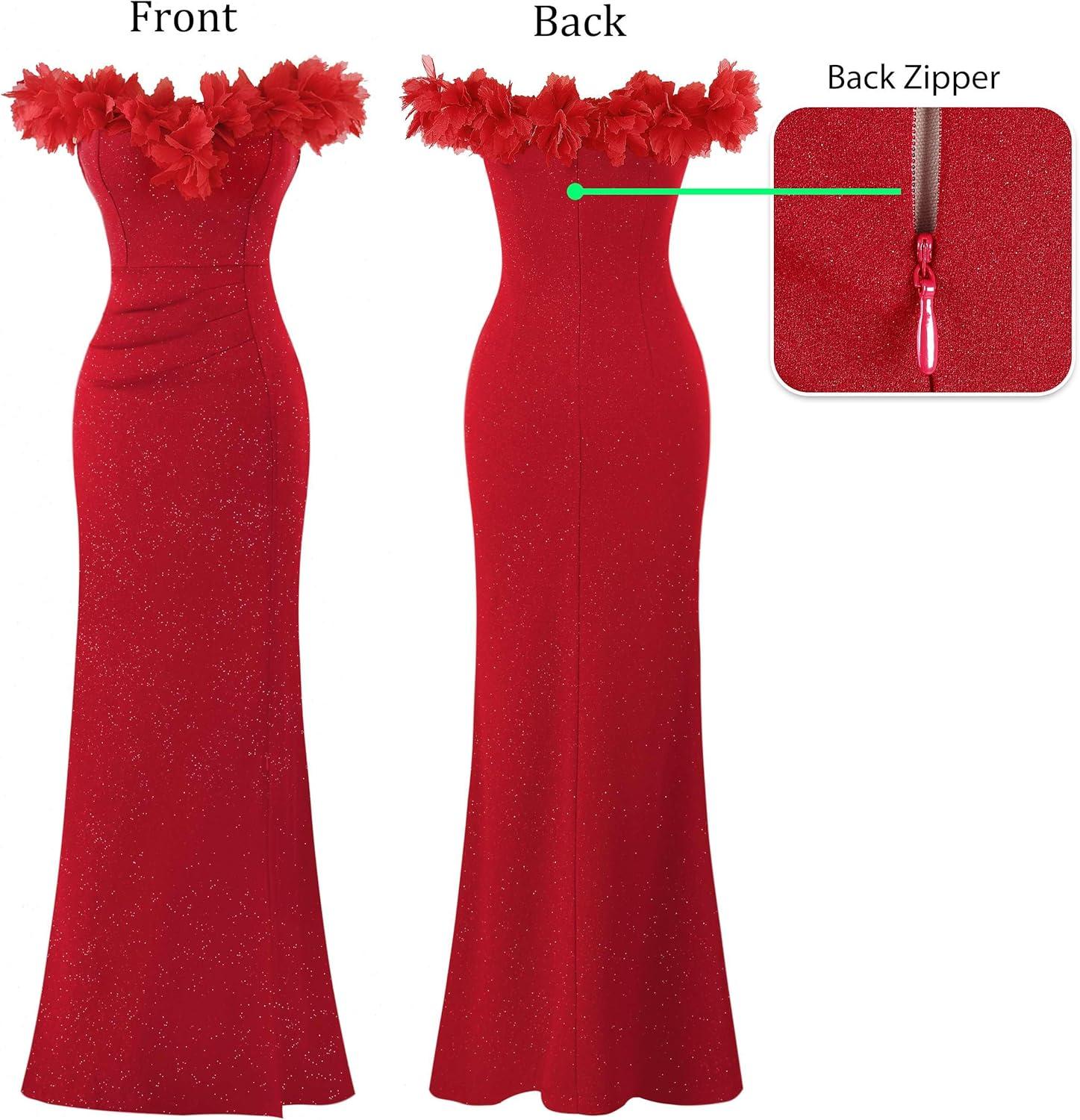 imageVFSHOW Womens Formal Prom Off Shoulder 3D Flowers Ruched Wedding Guest Maxi Dress 2025 Sexy High Slit Cocktail Evening GownSparkly Red