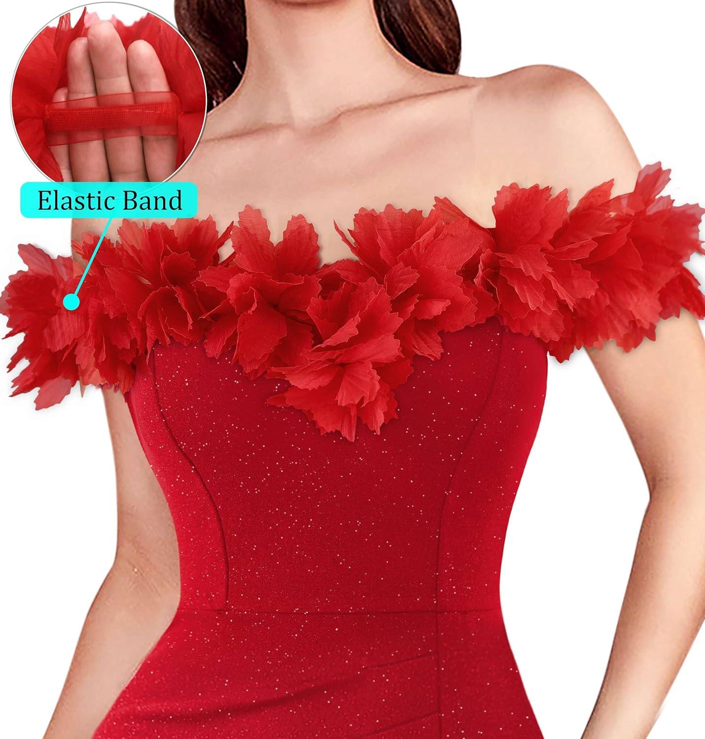 imageVFSHOW Womens Formal Prom Off Shoulder 3D Flowers Ruched Wedding Guest Maxi Dress 2025 Sexy High Slit Cocktail Evening GownSparkly Red