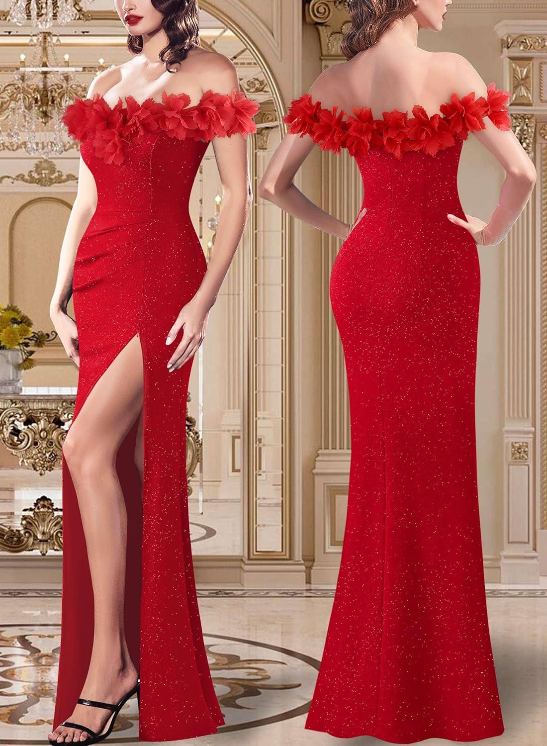 imageVFSHOW Womens Formal Prom Off Shoulder 3D Flowers Ruched Wedding Guest Maxi Dress 2025 Sexy High Slit Cocktail Evening GownSparkly Red