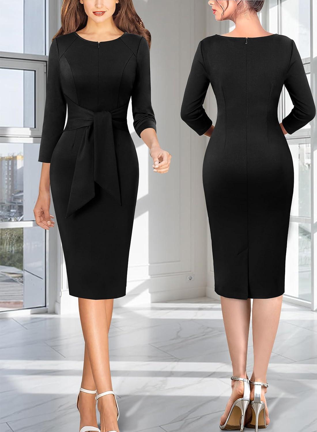 imageVFSHOW Womens Front Zipper Tie Waist Bow 34 Sleeve Slim Fitted Work Business Office Party Bodycon Pencil Sheath DressBlack