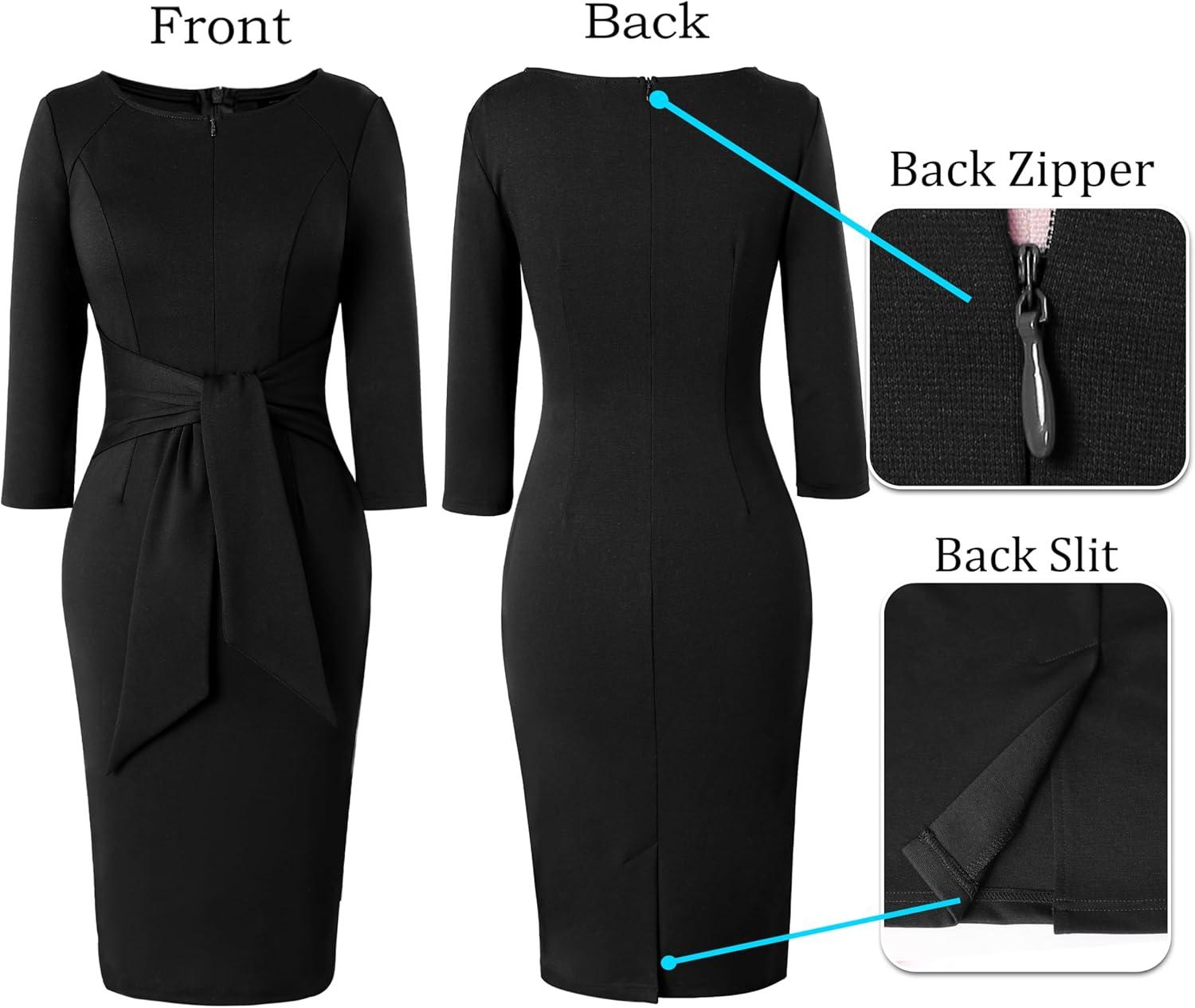 imageVFSHOW Womens Front Zipper Tie Waist Bow 34 Sleeve Slim Fitted Work Business Office Party Bodycon Pencil Sheath DressBlack