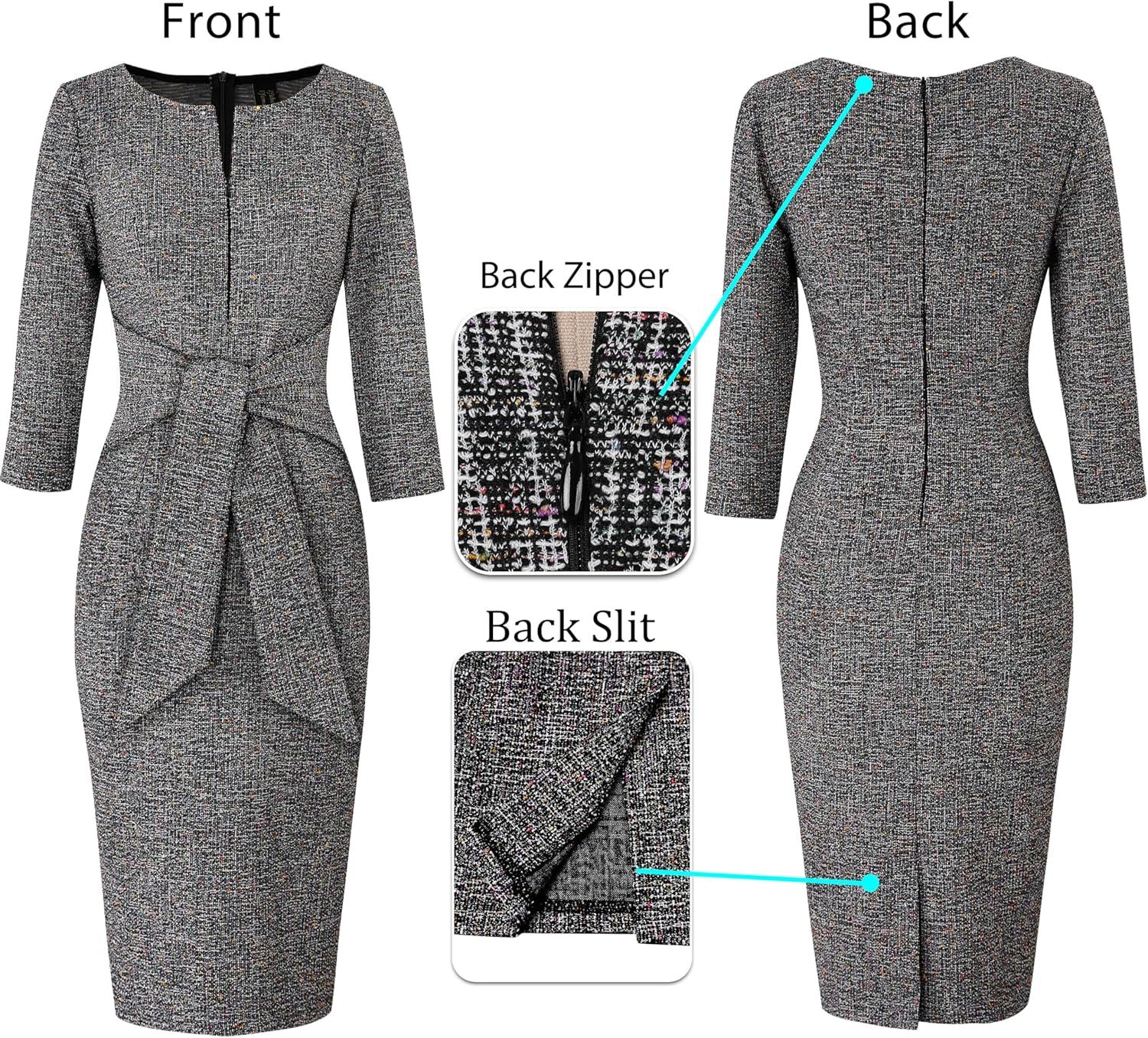 imageVFSHOW Womens Front Zipper Tie Waist Bow 34 Sleeve Slim Fitted Work Business Office Party Bodycon Pencil Sheath DressBlack Tweed