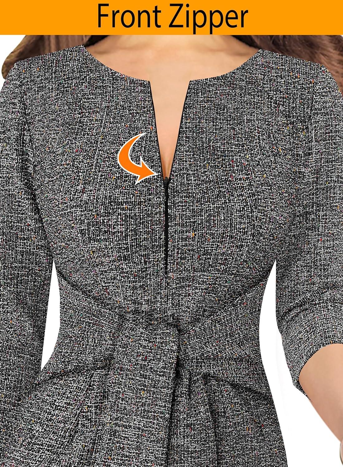 imageVFSHOW Womens Front Zipper Tie Waist Bow 34 Sleeve Slim Fitted Work Business Office Party Bodycon Pencil Sheath DressBlack Tweed