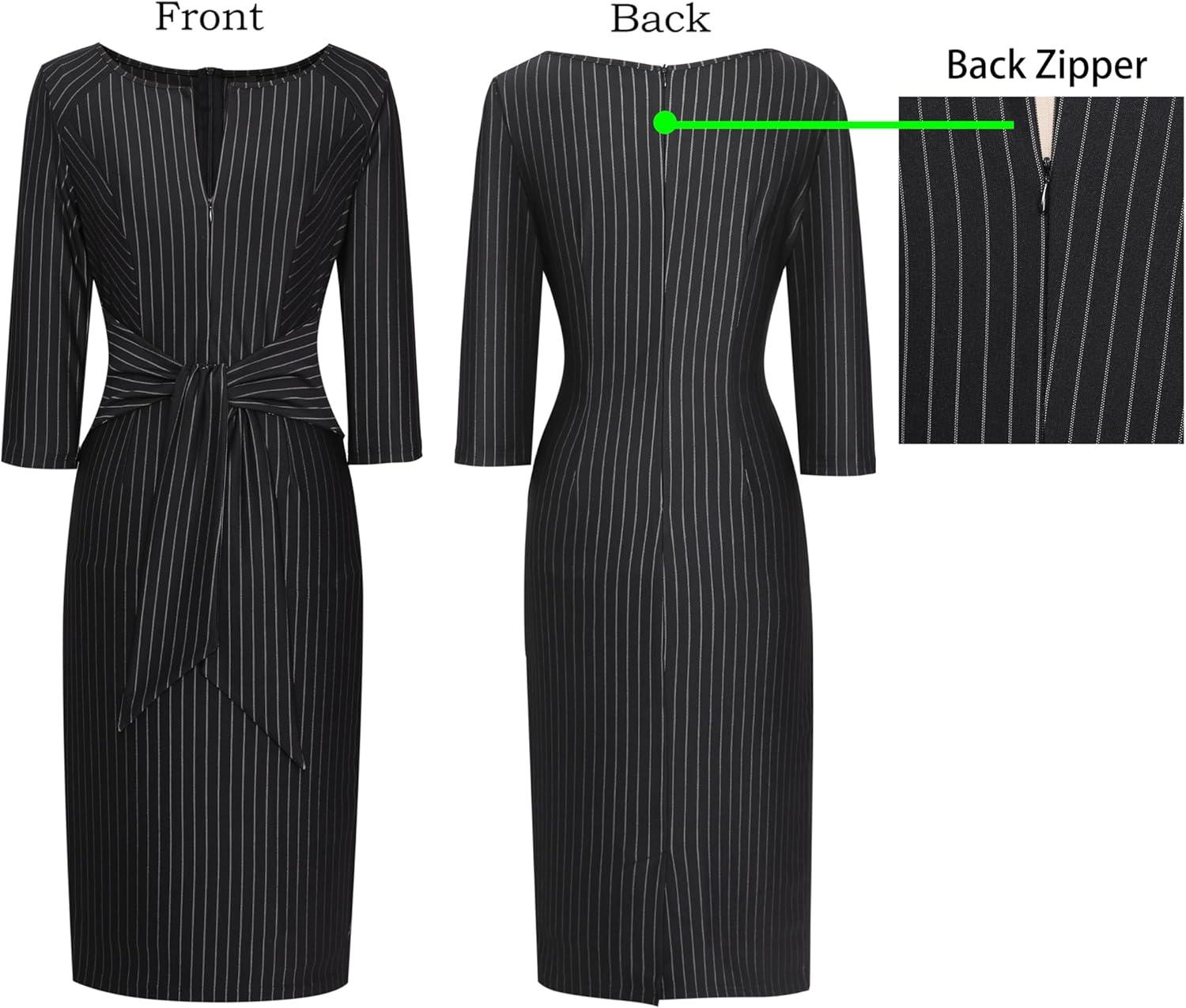 imageVFSHOW Womens Front Zipper Tie Waist Bow 34 Sleeve Slim Fitted Work Business Office Party Bodycon Pencil Sheath DressBlack White Striped