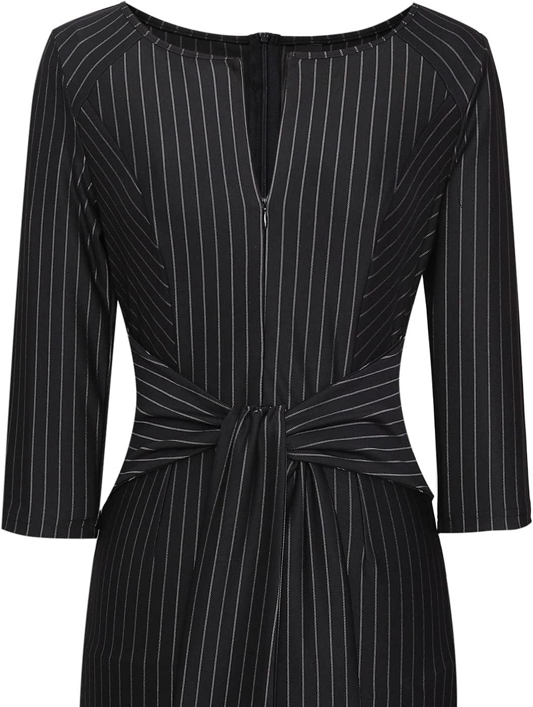 imageVFSHOW Womens Front Zipper Tie Waist Bow 34 Sleeve Slim Fitted Work Business Office Party Bodycon Pencil Sheath DressBlack White Striped