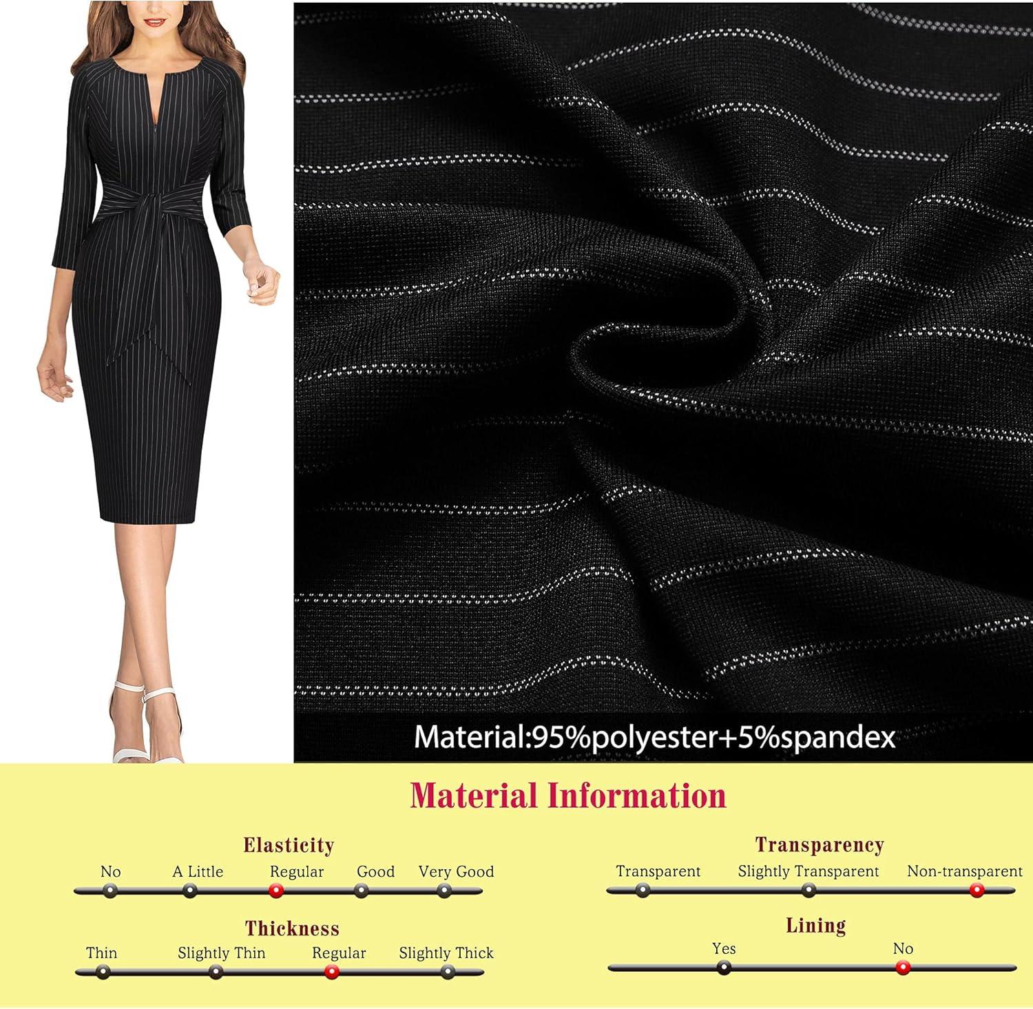 imageVFSHOW Womens Front Zipper Tie Waist Bow 34 Sleeve Slim Fitted Work Business Office Party Bodycon Pencil Sheath DressBlack White Striped